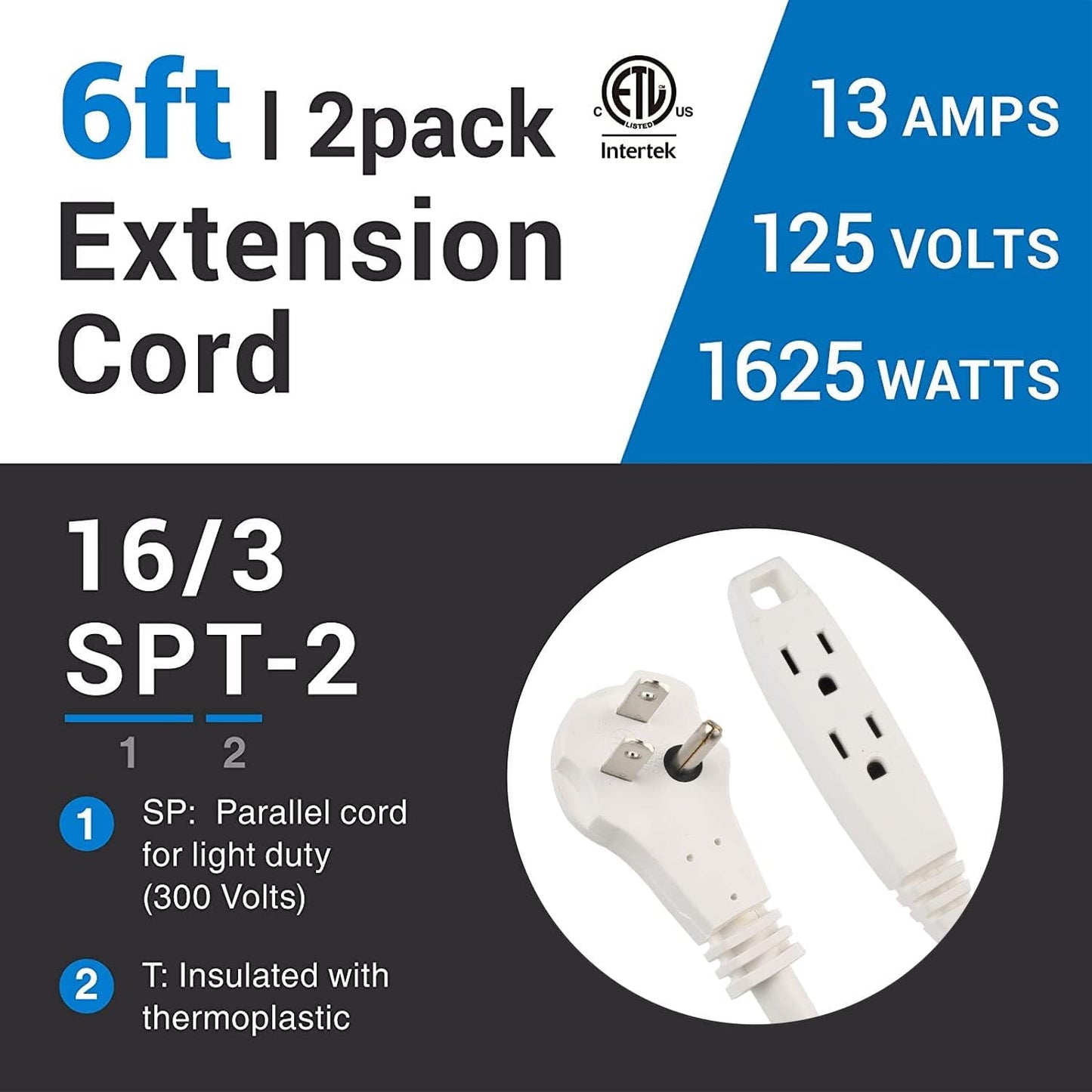 Clear Power 6ft 3 Outlet Indoor Flat Plug Extension Cord 16/3 SPT-2, White, 3 Prong Grounded, DCIC-00442P-DC (2-Pack)