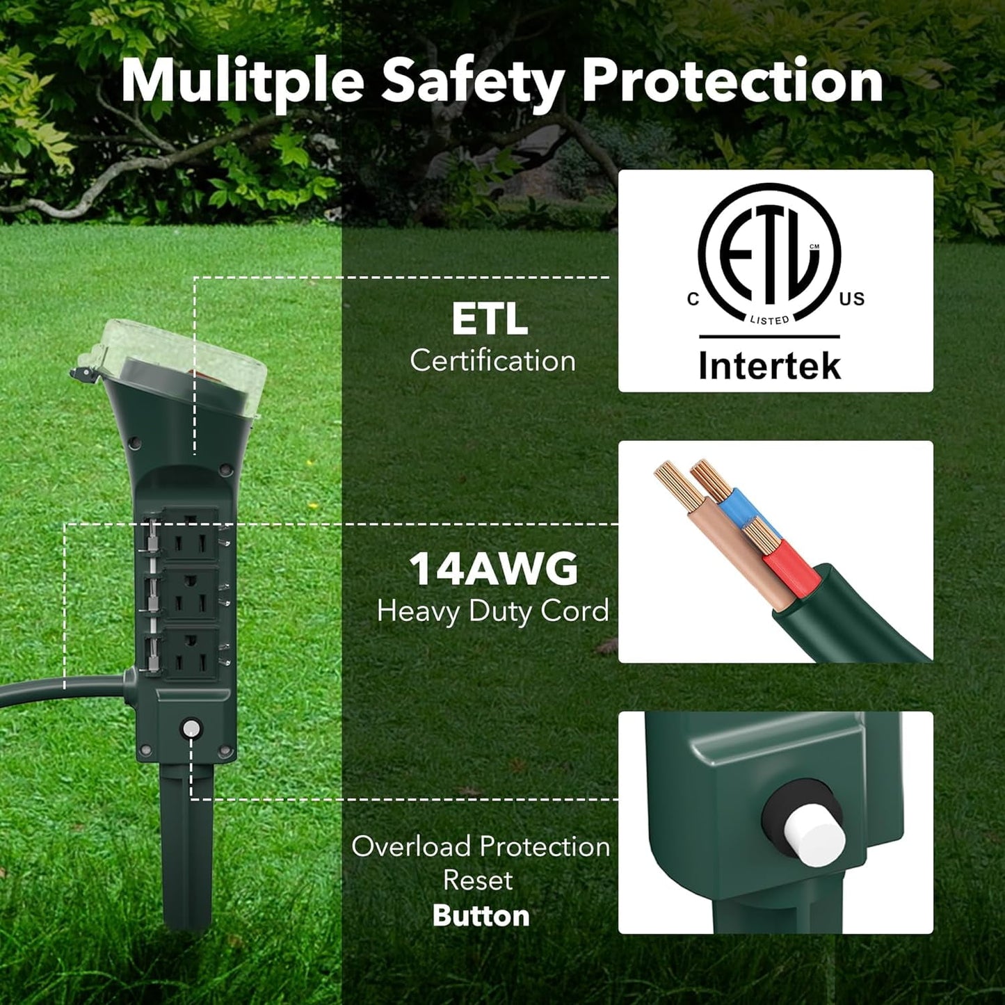 BN-LINK Outdoor Power Stake with 6 Outlets, 6ft Extension Cord Power Strip with Overload Protection, Waterproof Outside Yard Multi-Outlets Use for Camping, Party