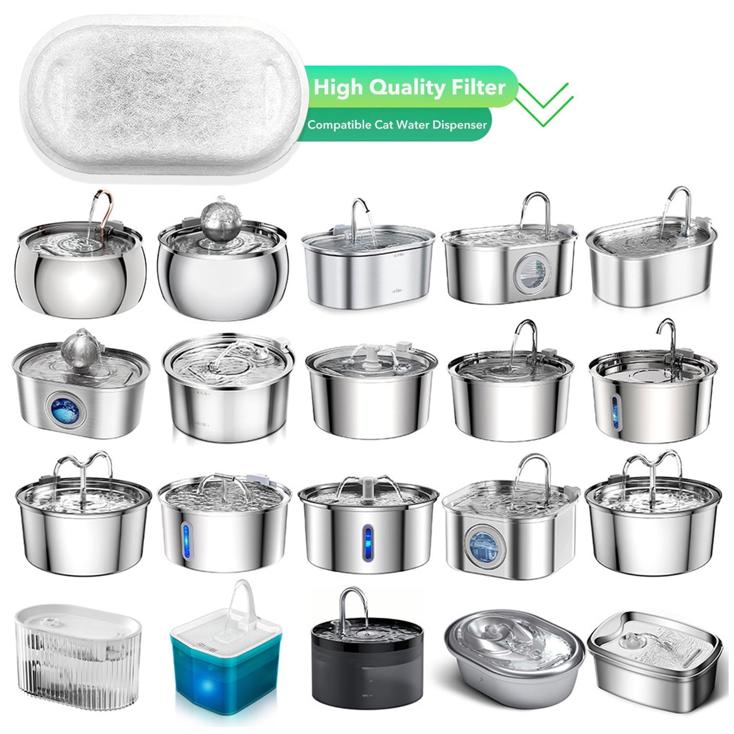 Behome 16 Pack Cat Water Fountain Filter, Cat Fountain Replacement Filters for Stainless Steel 67oz, 95oz, 135oz Automatic Pet Fountain Dispenser(8 Filters& 8 Sponges)