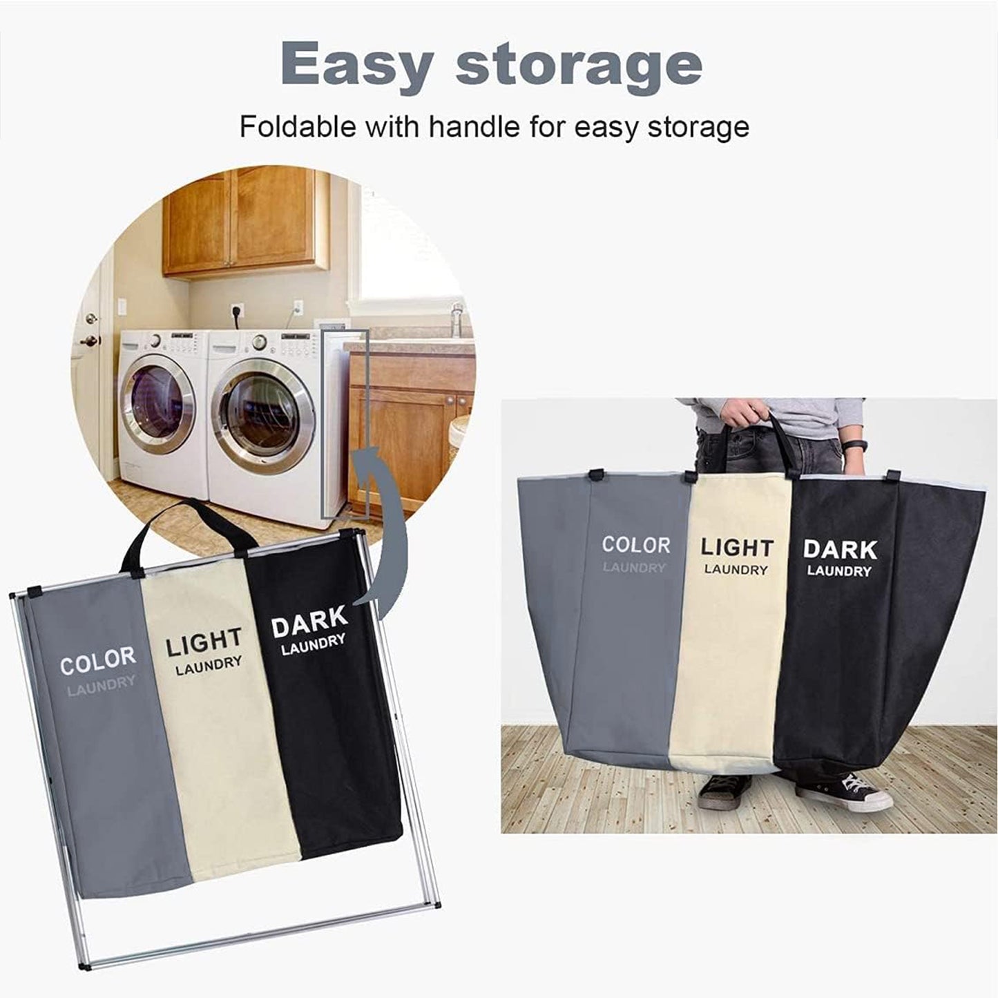 BN-LINK Laundry Basket, 3 Section Portable Laundry Bag for Dirty Clothes, Collapsible Tall Clothes Hamper with Handles for Laundey Room, Living Room