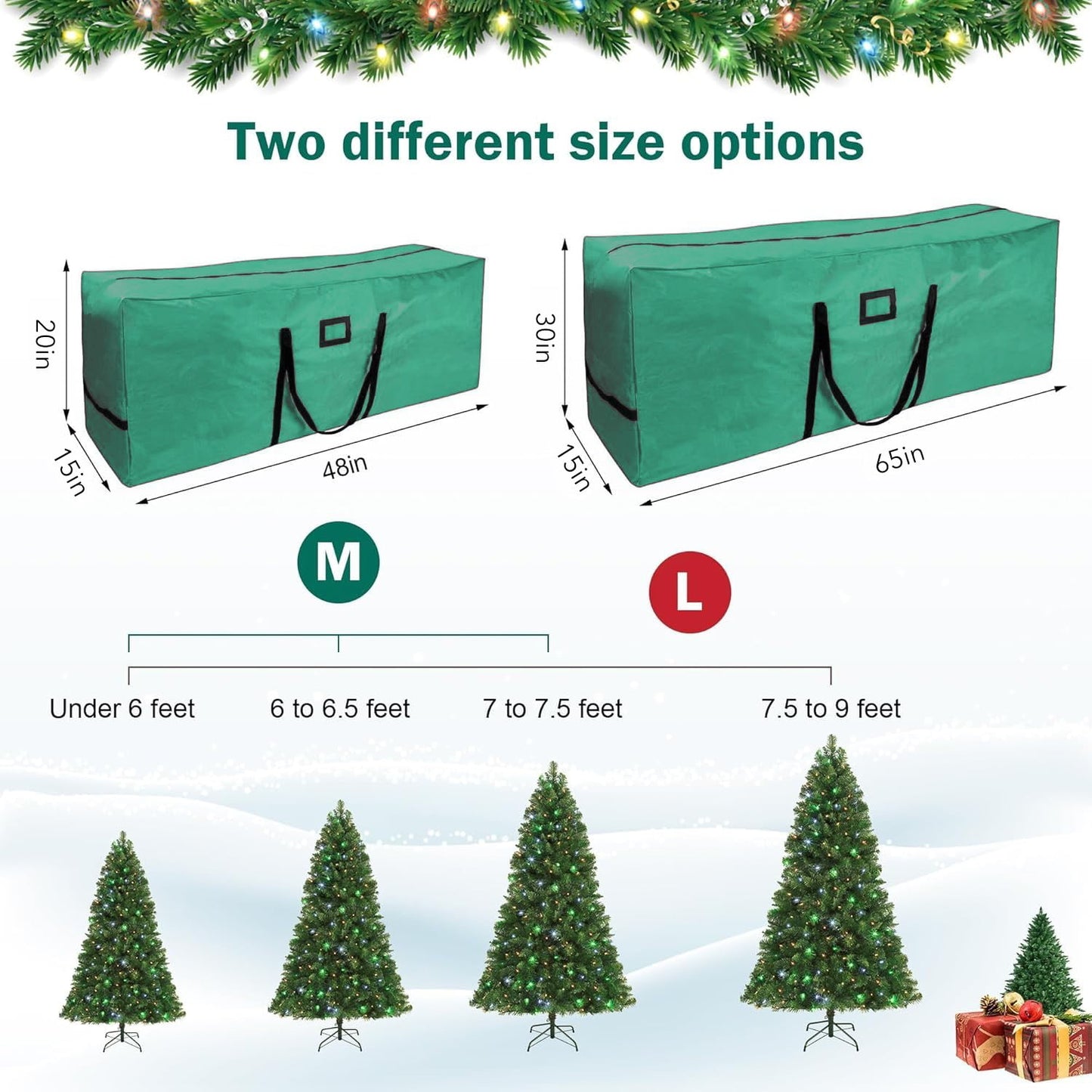 Behome 9ft Christmas Tree Storage Bag, Heavy-Duty Oxford Christmas Tree Bag With Reinforced Handles, Dual Zipper & Side Pocket, Waterproof, Moisture-Proof & Dust-Proof Bag(Green, 65x 15x30’’)