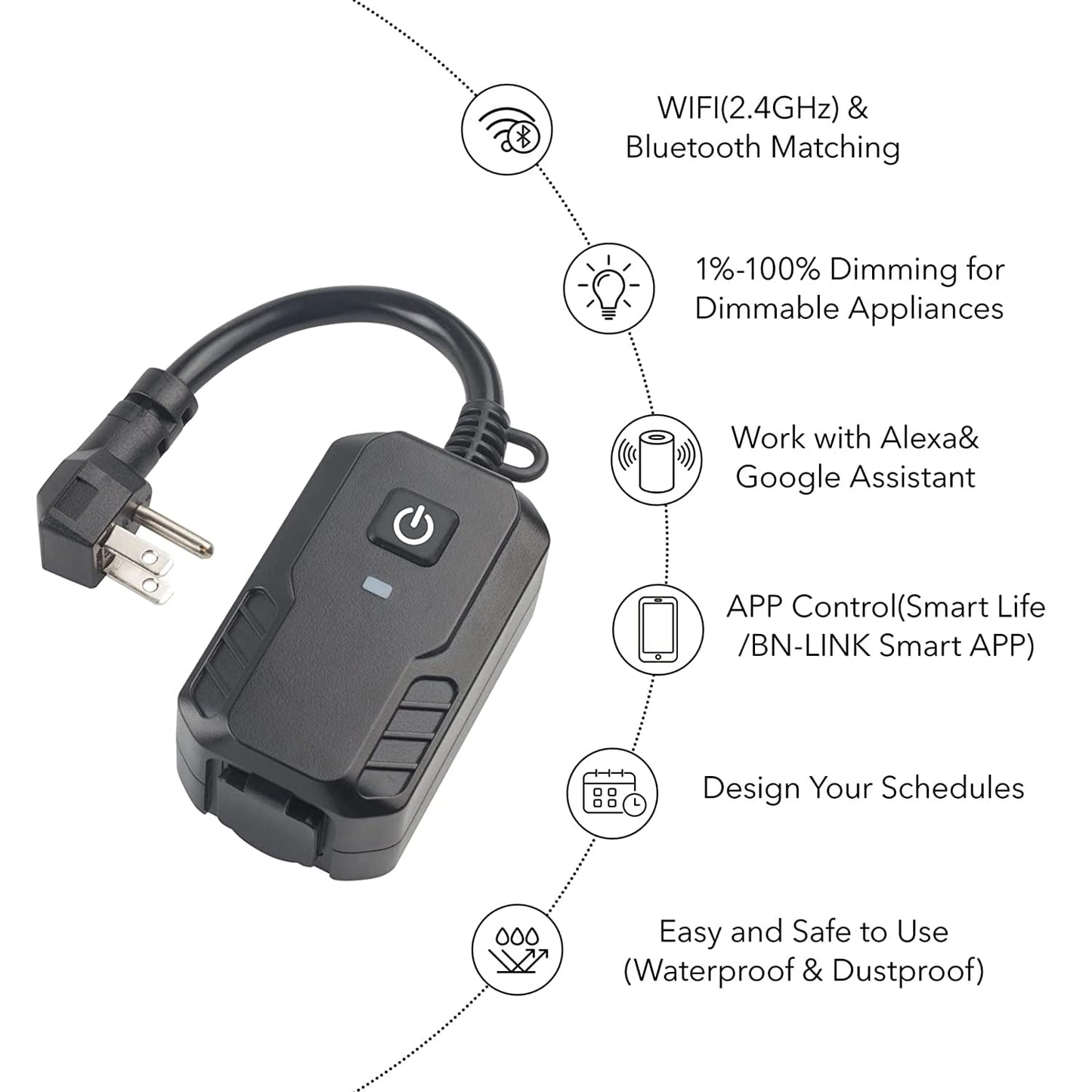 BN-LINK Smart Dimmer Plug, WiFi Outdoor Dimmer for String Lights, LED, Filament, Halogen lamp, APP Remote Control and Google Assistant, Alexa Outdoor Smart Plug, Requires 2.4 GHz Wi-Fi, Waterproof