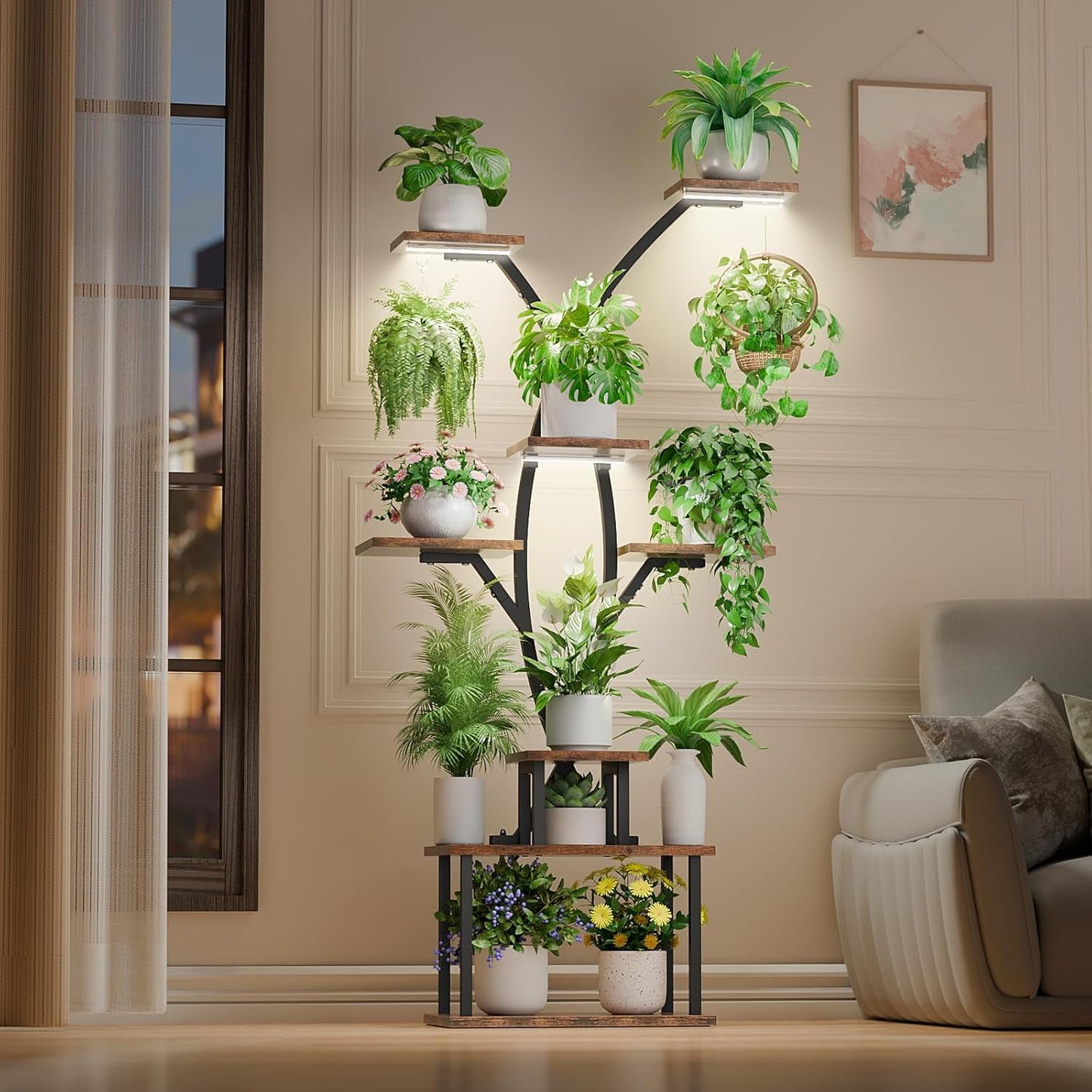 Behome Plant Stand with Adjustable Grow Lights, 7 Tiered Indoor Metal Plant Shelf, 66" Tall Plant Flower Holder for Home, Patio