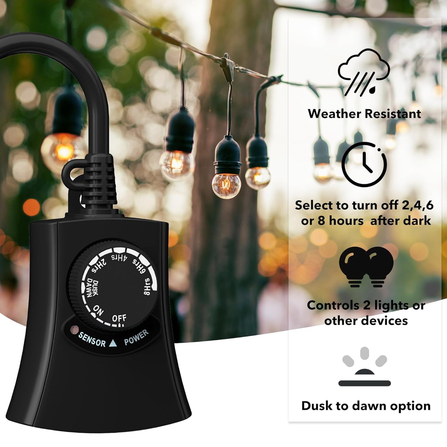 HBN Outdoor Light Timer Waterproof, Weatherproof Photocell Dusk to Dawn Light Sensor Timer 2/4/6/8 Countdown Timer, 2 Grounded Outlet for Christmas Lights,Hallowen Deceration,1875W 15A 1/2HP