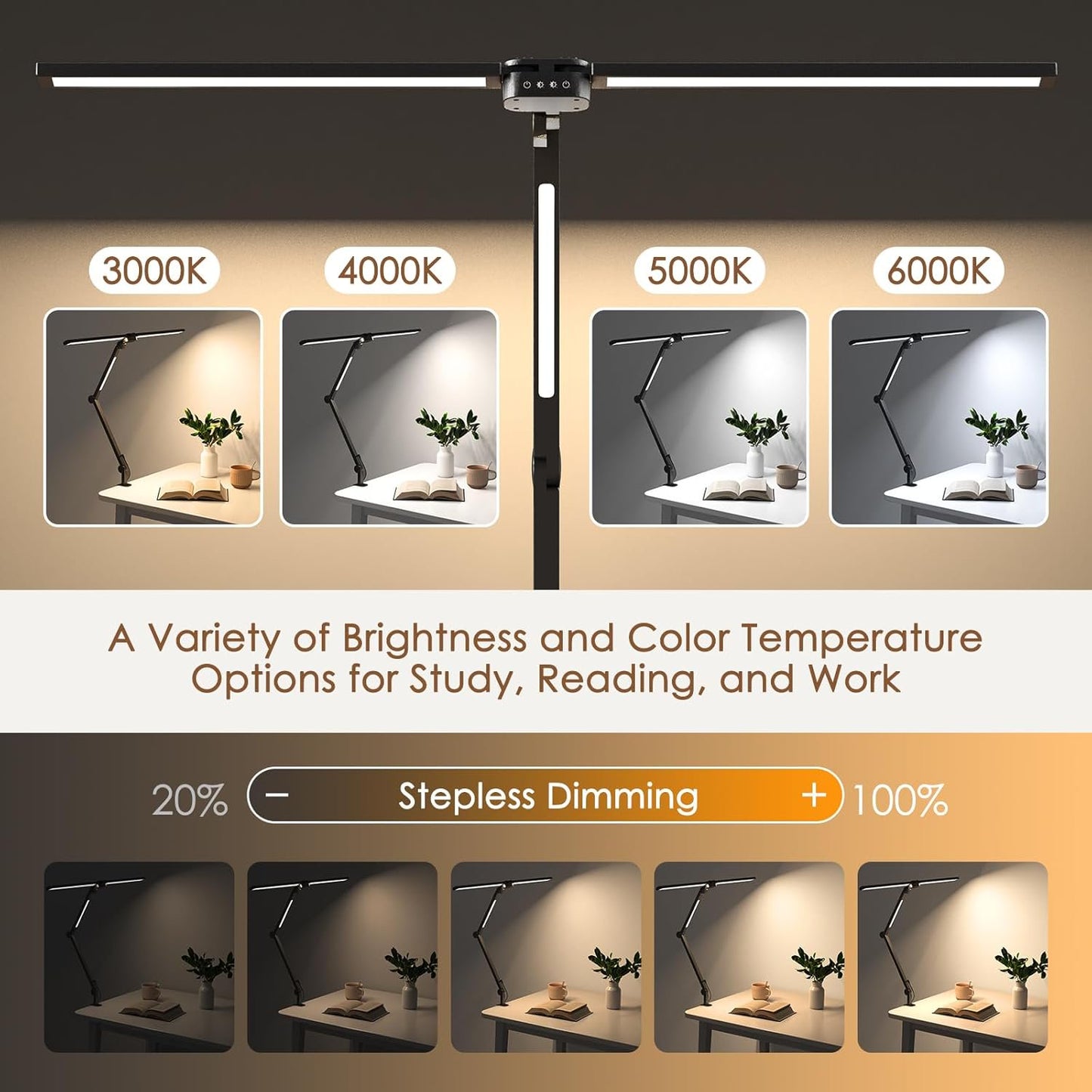 Behome LED Desk Lamp With Remote Control, Tall Double Head Desk Lamp With Clamp, 5 Brightness Modes & 4 Colors, Adjustable Desk Light For Work & Study