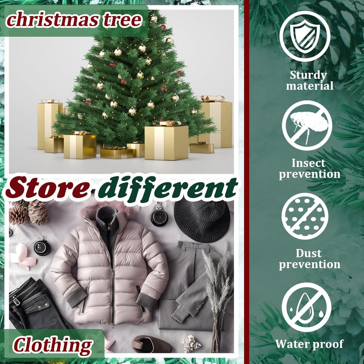 Behome 9ft Christmas Tree Storage Bag, Heavy-Duty Oxford Christmas Tree Bag With Reinforced Handles, Dual Zipper & Side Pocket, Waterproof, Moisture-Proof & Dust-Proof Bag(Green, 65x 15x30’’)