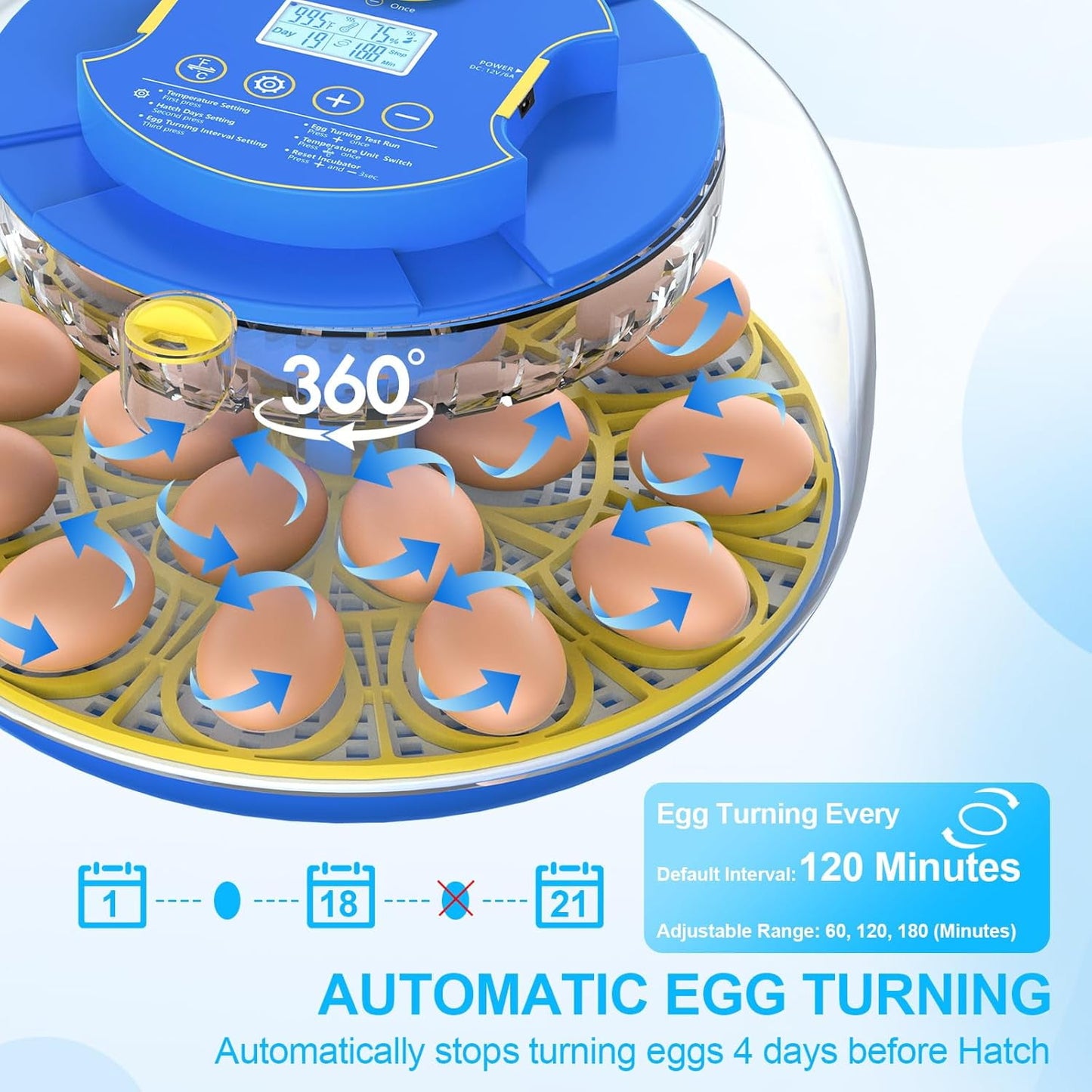 BN-LINK 18 Egg Incubator with Temperature Control, Automatic Egg Turning and Humidity Display, Auto Water Replenishment & 360 Degree View with Egg Candler, for Various Types of Eggs