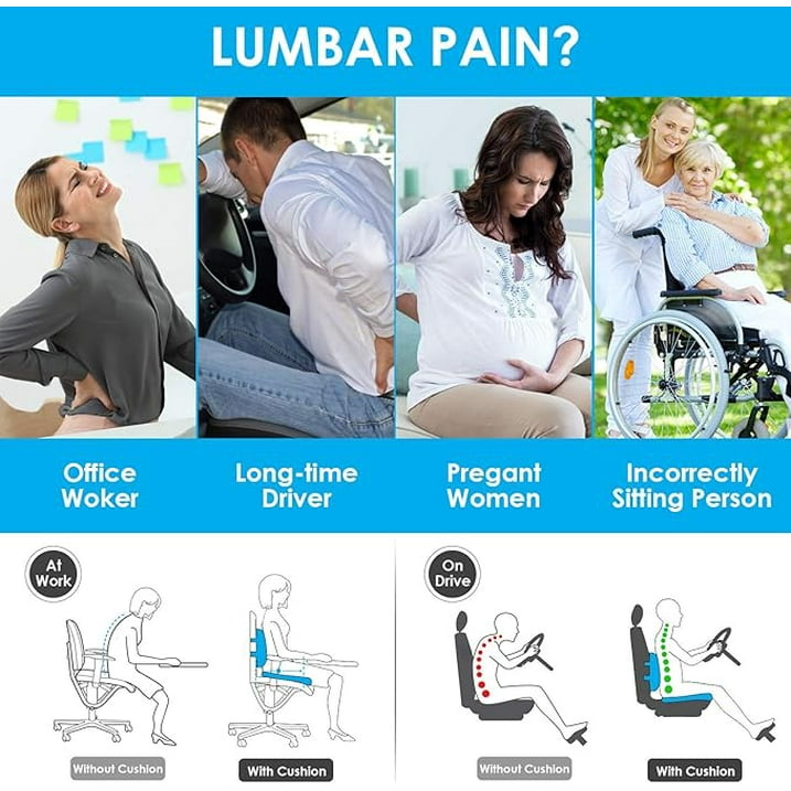Behome Seat Cushion and Lumbar Support Pillow Set for Office Chairs, Back Support Memory Foam Gel Cushion for Tailbone Pain Relief, for Office Chair, Gaming Chair and Car Seat