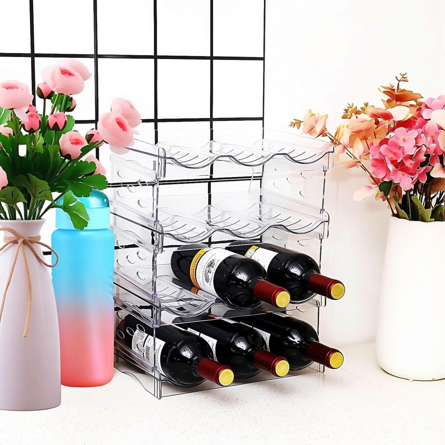 Behome Water Bottle Organizer, Stackable Water Bottle Organizer Holder, Water Bottle Storage Rack, Kitchen Storage Organizer for Cup Accessories, Clear