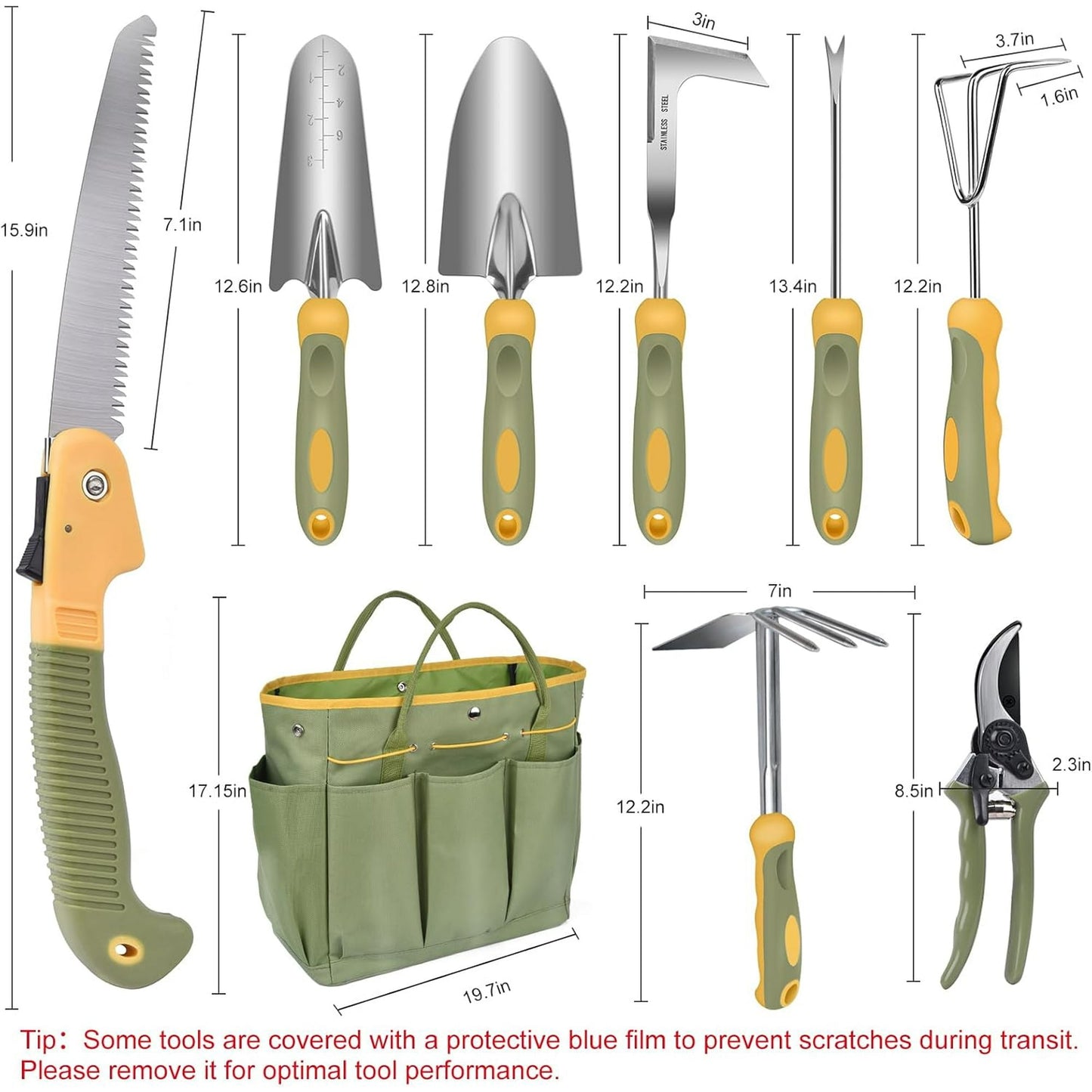 BN-LINK Garden Tool Set, 9 Piece Stainless Steel Rust-Proof Heavy Duty Gardening Tools with Non-Slip Rubber Handle, Durable Garden Tool Bag, Ideal Gardening Gifts for Women and Men