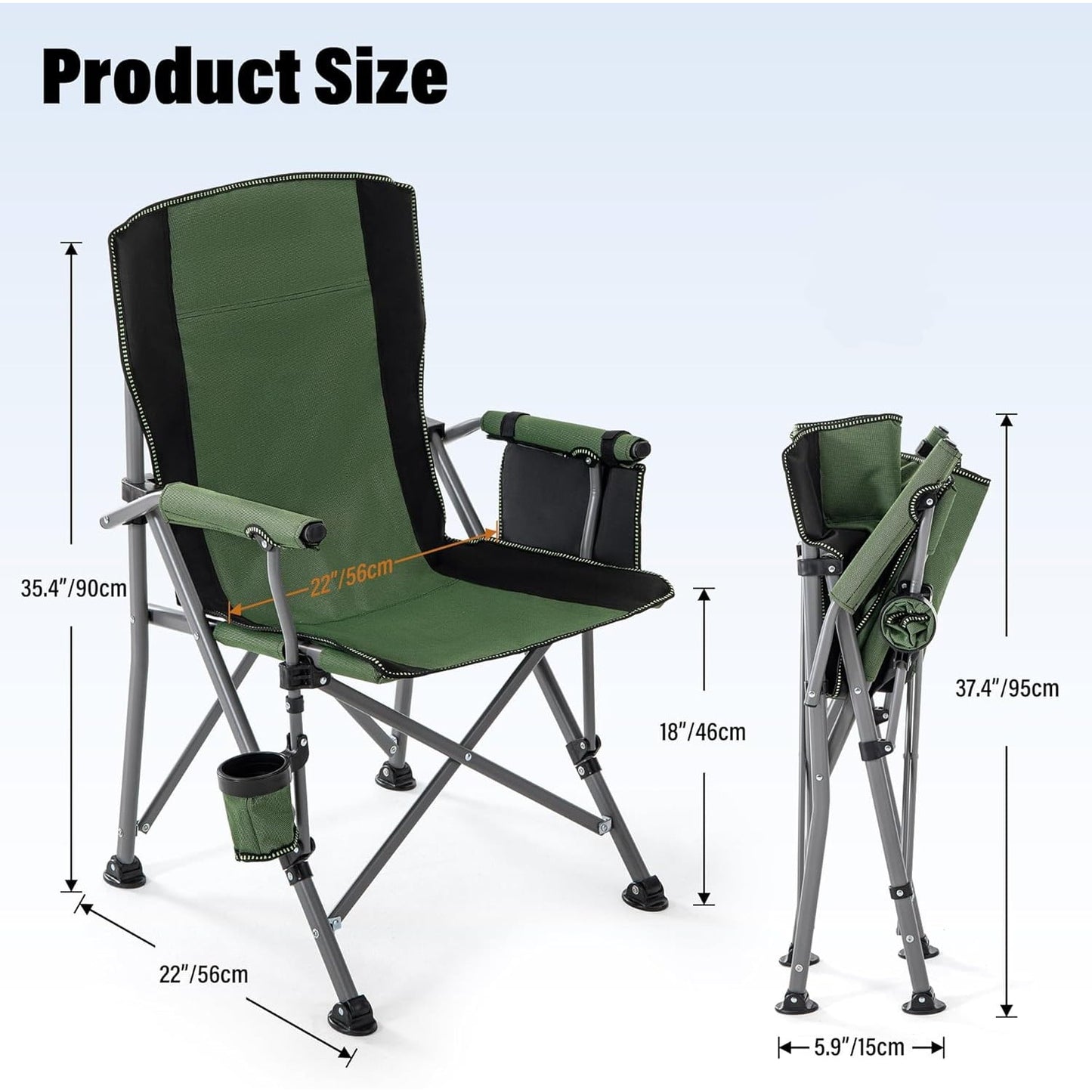 BN-LINK Oversized Folding Camping Chair, Heavy Duty Support 400 Lbs Portable Padded Arm Chair with Cup Holder and Side Pocket, for Beach, Fishing, Outdoor Activities