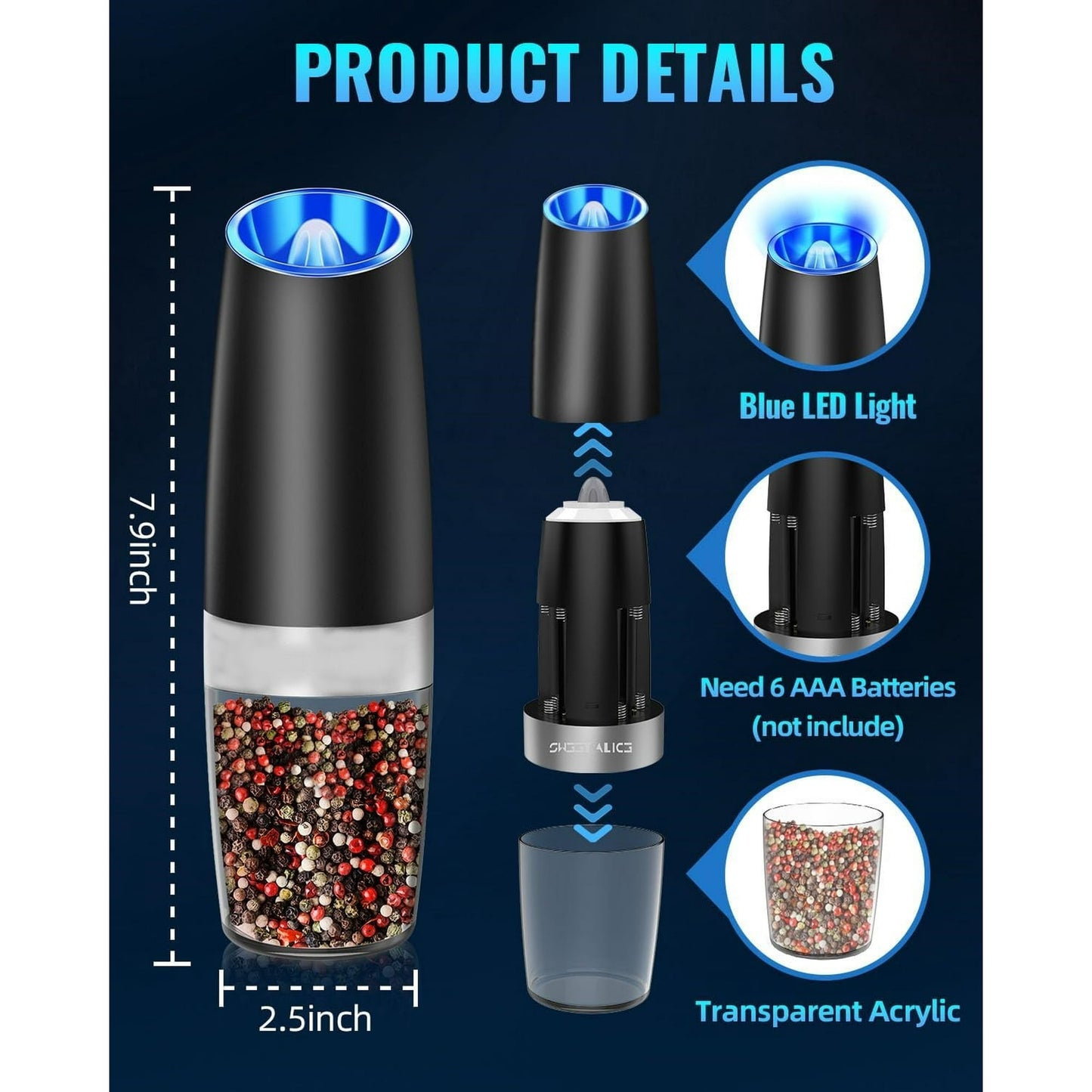 Electric Salt and Pepper Grinder Set, Gravity Sensor, Automatic Pepper Mill, One Hand Operation, Battery-Operated with Adjustable Coarseness, Blue Led Light, Black, 2 Pack
