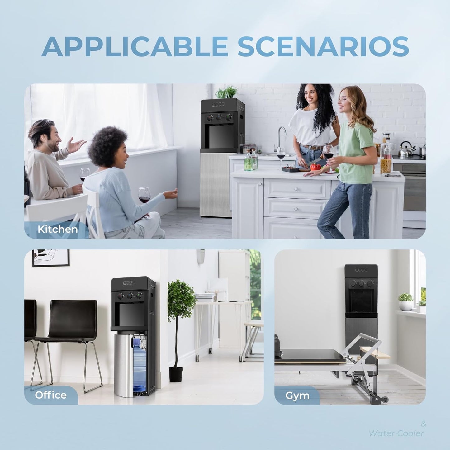 Behome Bottom Load Water Cooler Dispenser with Lack Water Alert, 3 Temperature Settings-Hot, Cold & Room-Temperature Water, Holds Up to 5 Gallon Bottles, Low Noise, for Homes, Kitchens, Dorms
