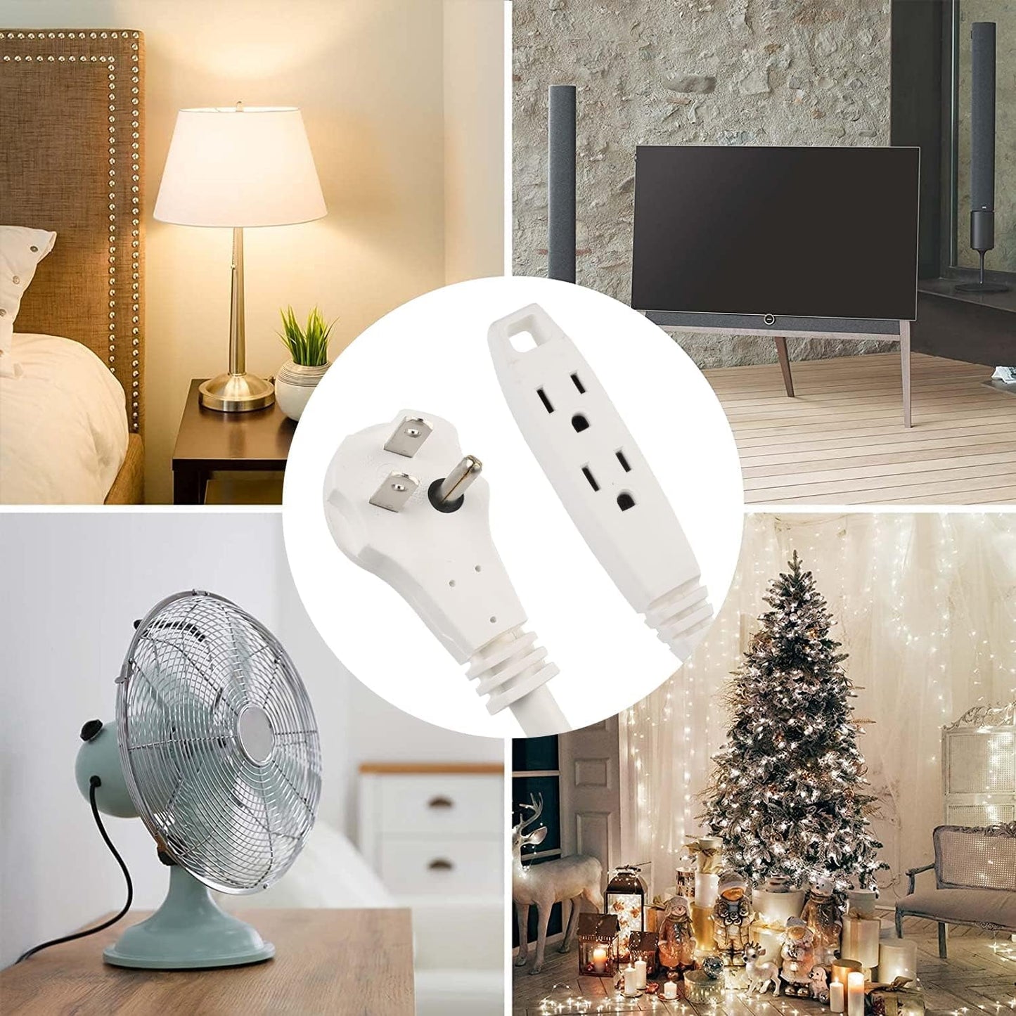 Clear Power 6ft 3 Outlet Indoor Flat Plug Extension Cord 16/3 SPT-2, White, 3 Prong Grounded, DCIC-00442P-DC (2-Pack)