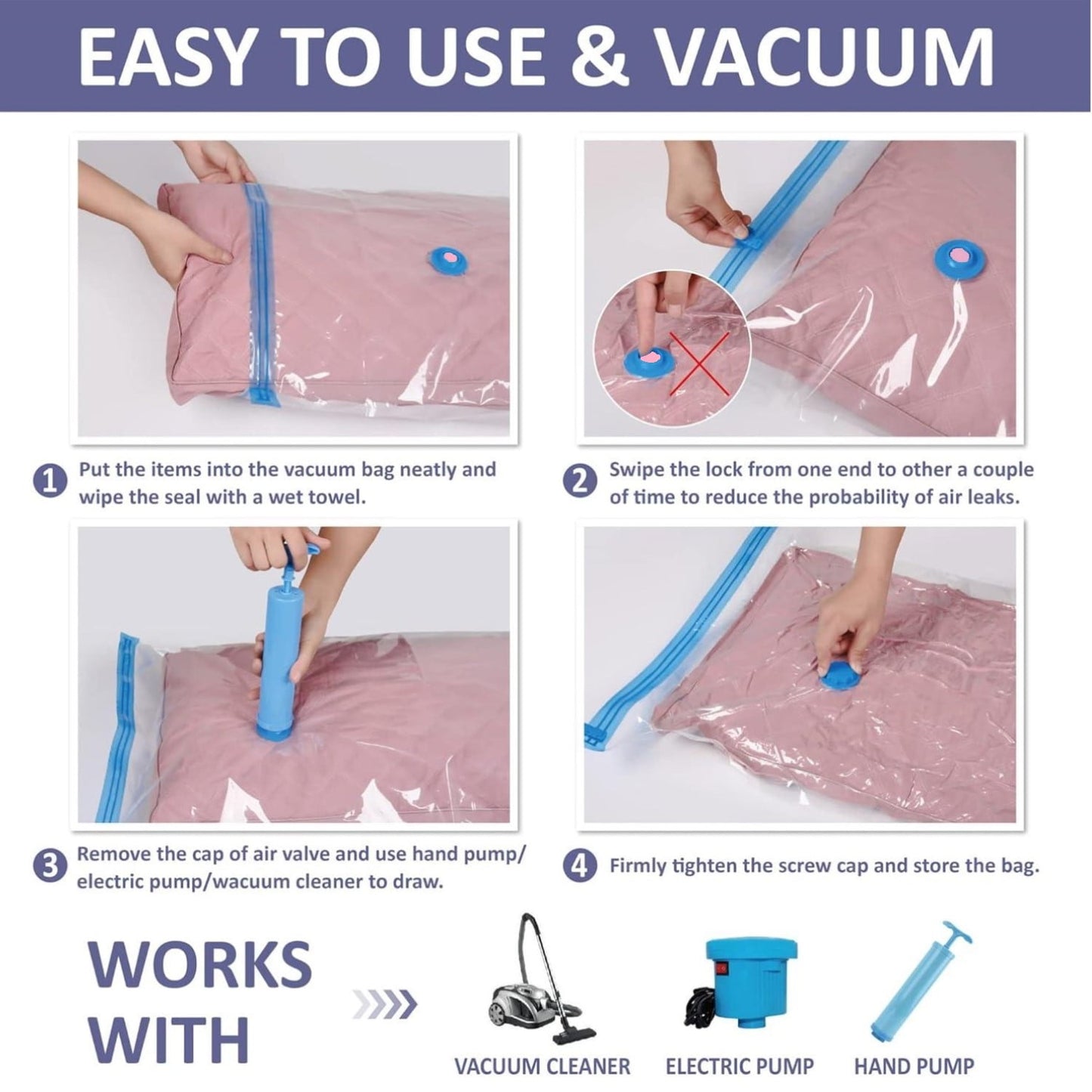 Behome Vacuum Storage Bags with Double-Zip Seal, 15 Pack Medium Space Saver Bags for Clothes, Mattress, Blanket, Duvets, Pillows, Comforters, Travel (20 x 28 Inch)