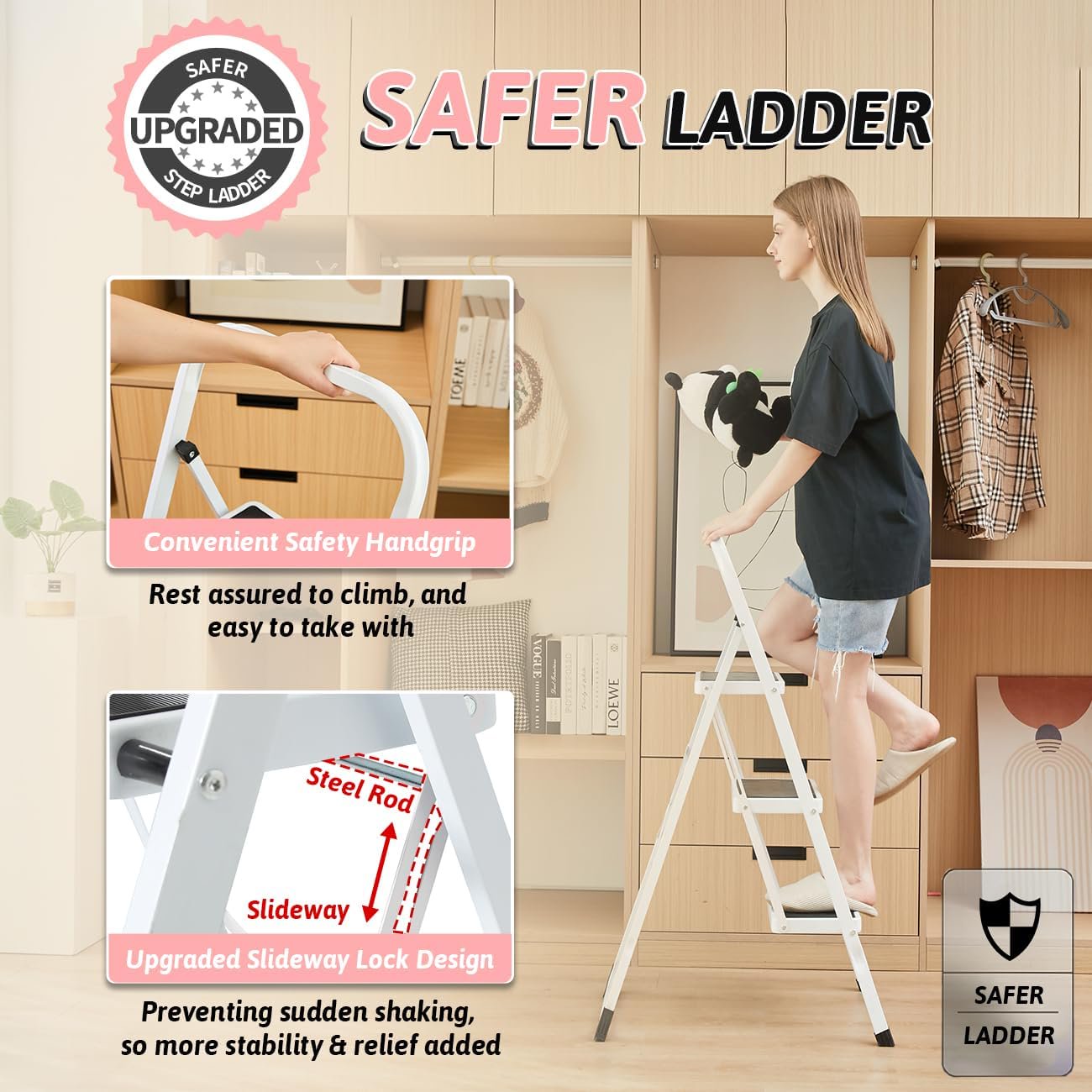 Behome 3 Step Ladder, Folding Step Stool with Wide Anti-Slip Pedal, 330 lbs Sturdy Ladder, Convenient Handgrip, Portable Iron Step Stool for Household, Kitchen