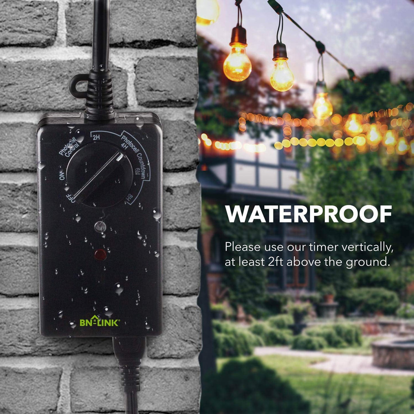 BN-LINK outdoor 24-hour timer with photocell light sensor, water resistant photoelectric countdown timer(2, 4, 6 or 8 hours mode), weatherproof, two (2) grounded outlets for home and garden, black