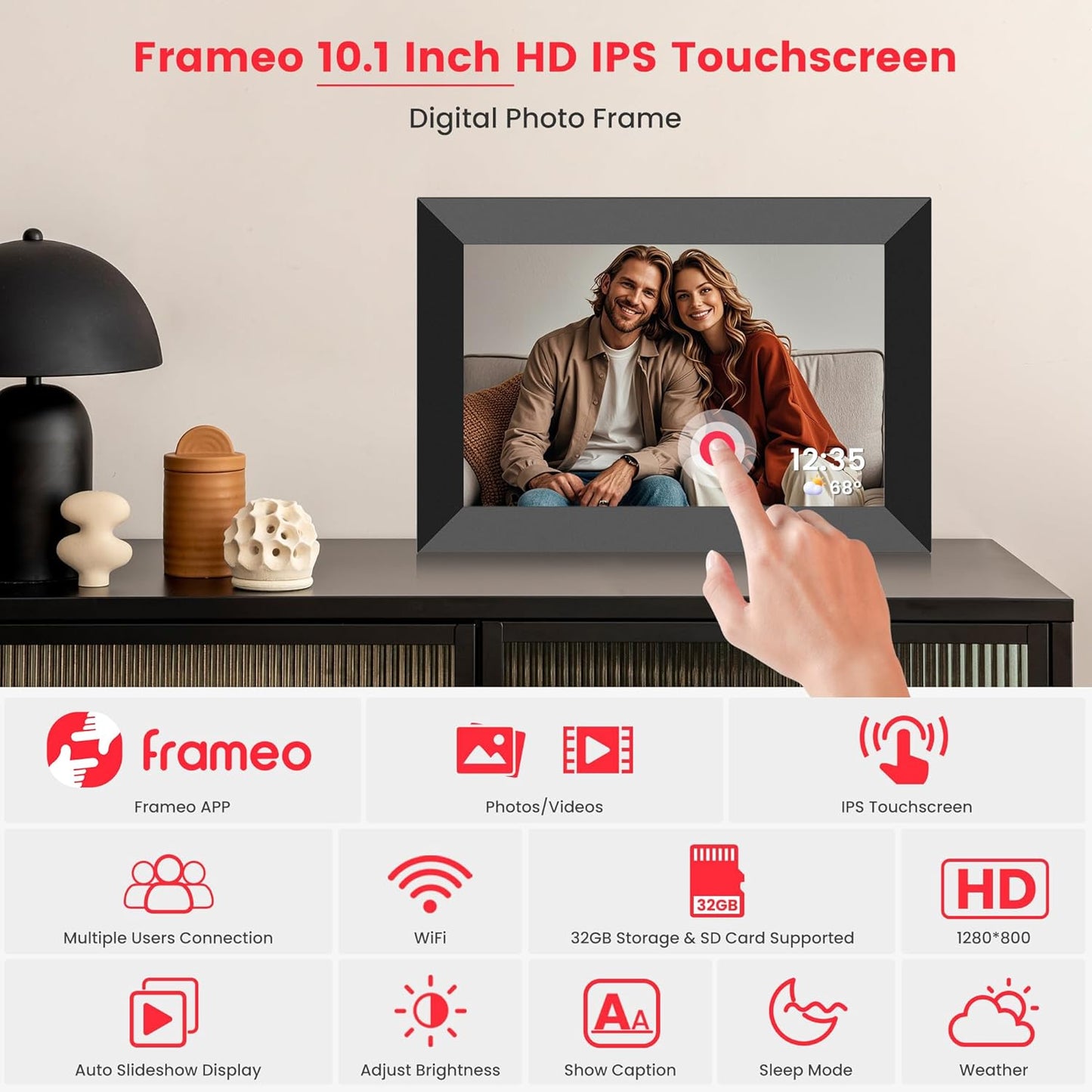 BN-LINK Digital Picture Frame, 10.1 Inch Smart Digital Photo Frame with 1280x800 IPS HD Touch Screen, 32GB Memory Auto-Rotate Wall Mount, Share Photos/Videos with Free App, Black