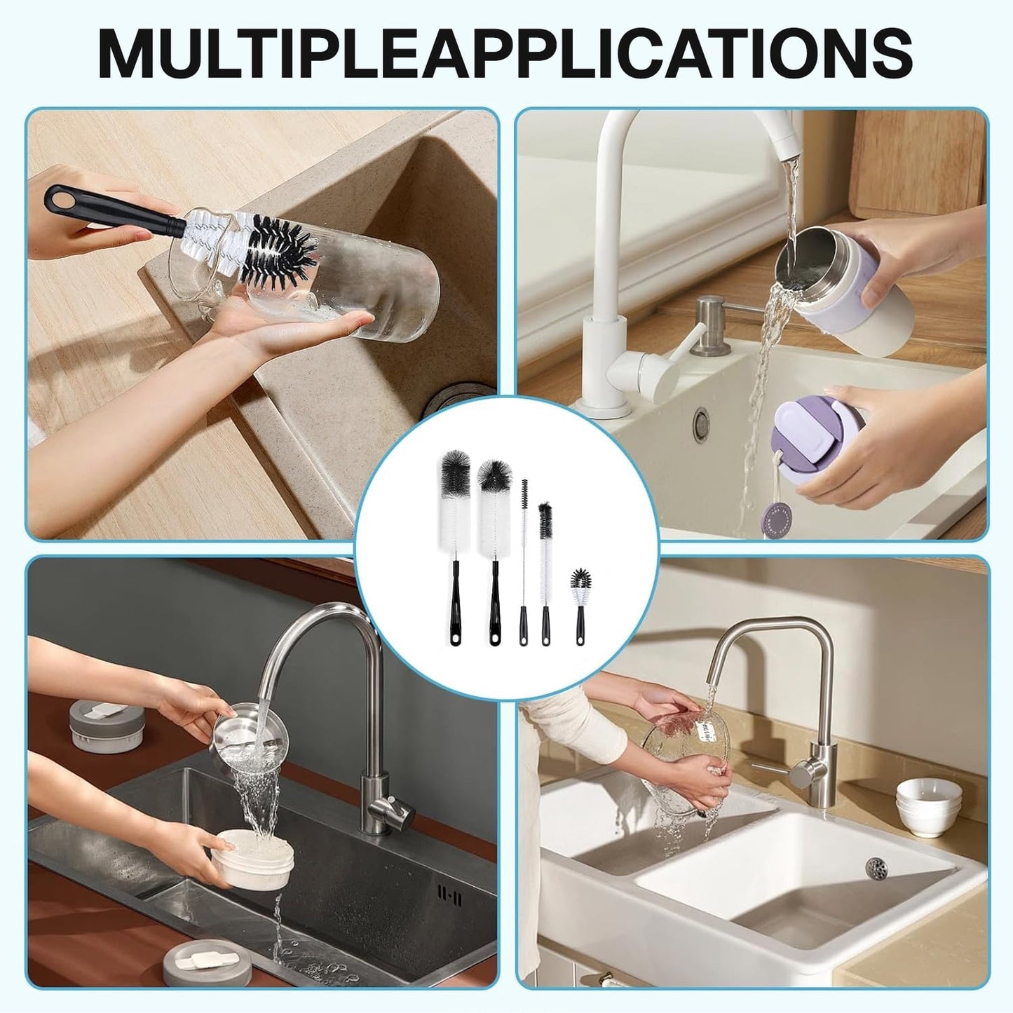Behome Bottle Brushes, 5Pcs Bottle Cleaning Brush Set, Reusable Pipe Cleaner Brushes, Small Brushes for Cleaning Narrow Neck Water Bottles Jars Teapot (White&Black)