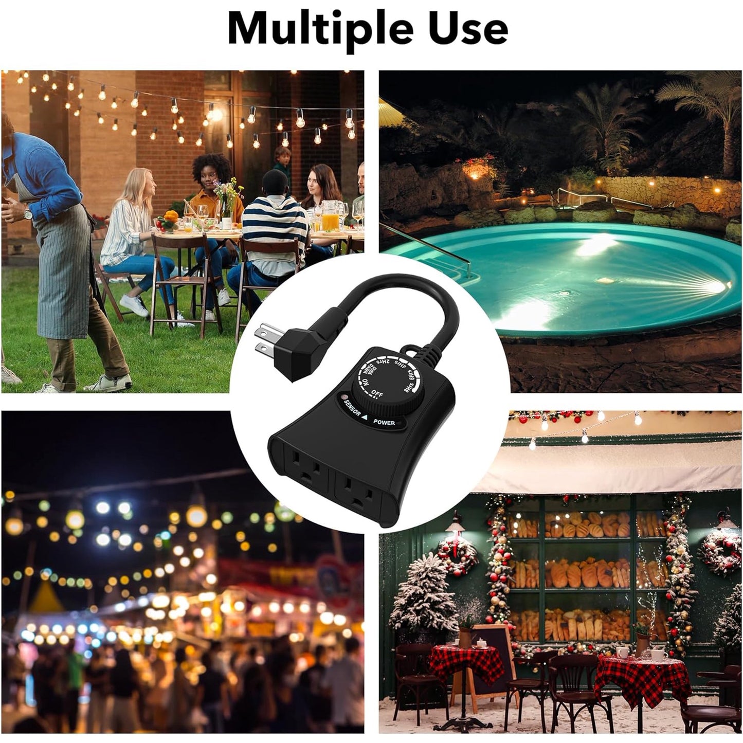 HBN Outdoor Light Timer Waterproof, Weatherproof Photocell Dusk to Dawn Light Sensor Timer 2/4/6/8 Countdown Timer, 2 Grounded Outlet for Christmas Lights,Hallowen Deceration,1875W 15A 1/2HP(2pack)