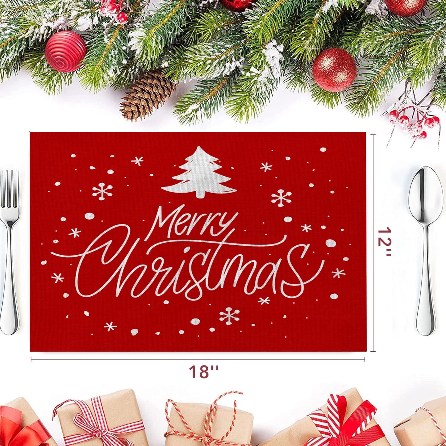 Behome Merry Christmas Placemats for Dining Table, Set of 6 12x18 Inch Winter Xmas Table Mats for Party Kitchen Dining Decoration