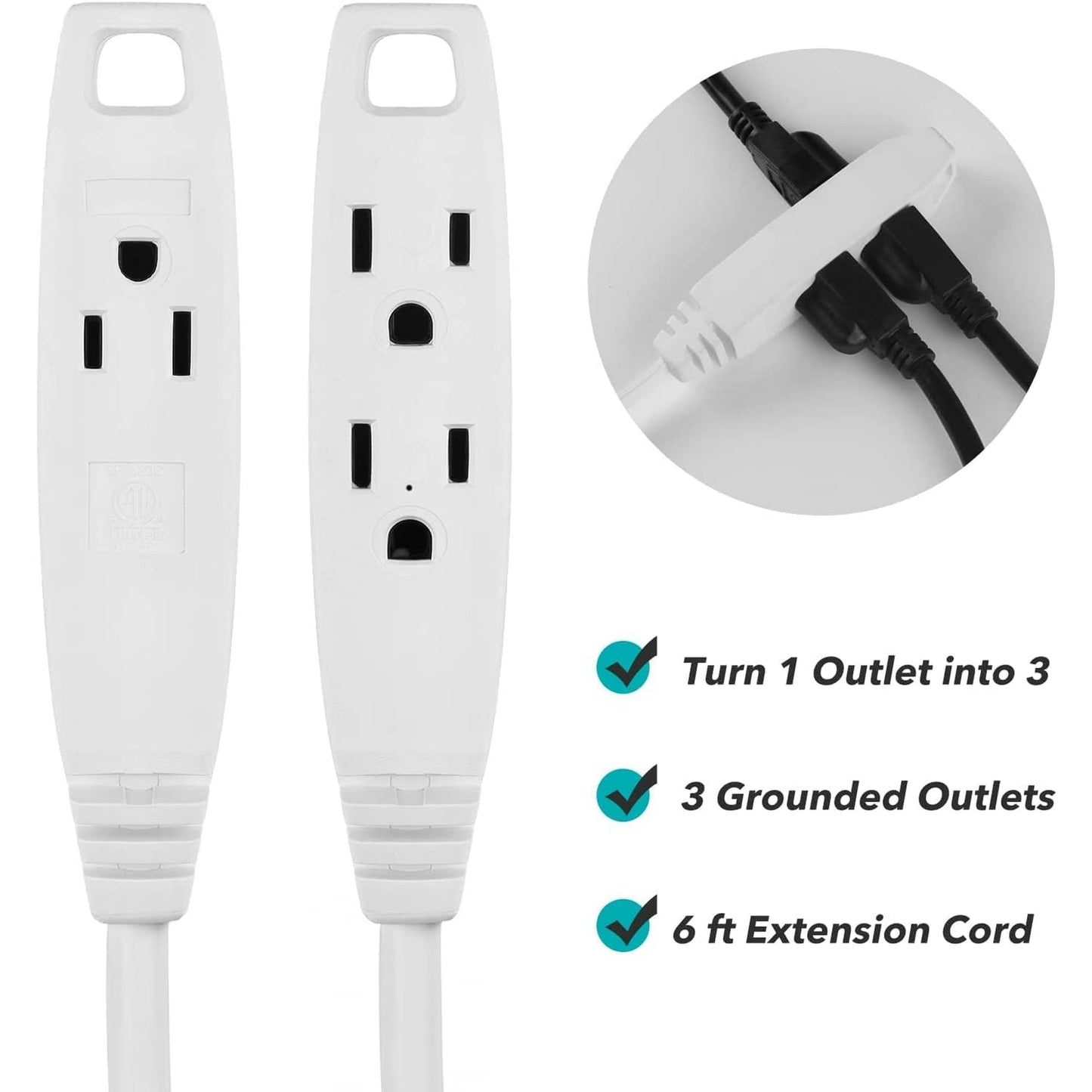 Clear Power 6ft 3 Outlet Indoor Flat Plug Extension Cord 16/3 SPT-2, White, 3 Prong Grounded, DCIC-00442P-DC (2-Pack)