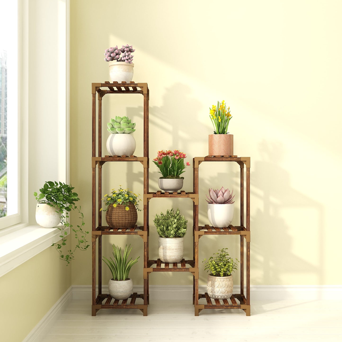 Behome Plant Stand Indoor, Wood Plant Shelf with 3 Tier Ladder & 9 Pots, Corner Plant Stand, Tall Plant Holder for Living Room & Balcony, Home Decor