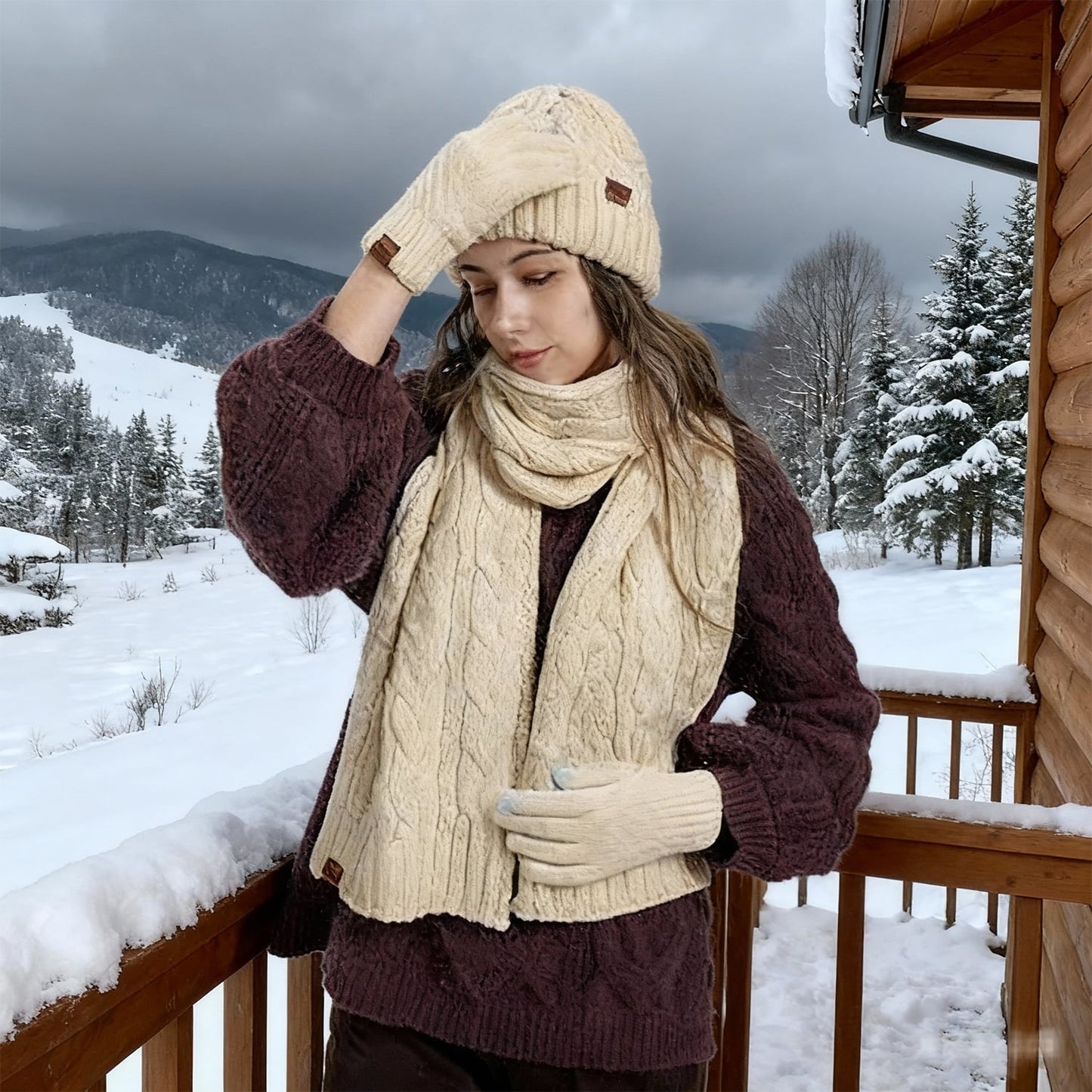 Behome Winter Gloves and Scarf Set, Knit Warm Long Neck Scarves Cap Gloves 3 in 1 Set for Woman, Apricot