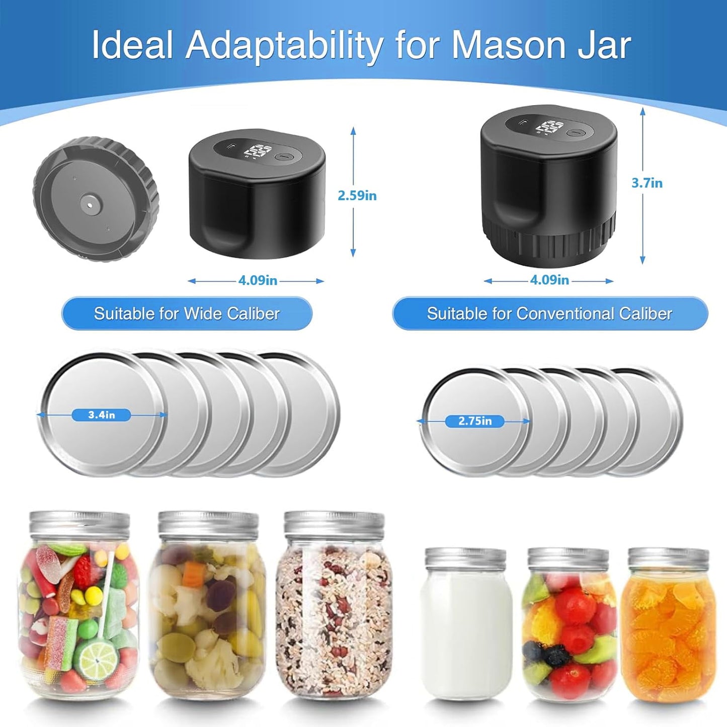 BN-LINK Electric Mason Jar Vacuum Sealer with 10 Pack Lids, Automatic Wide Mouth and Regular Mouth Mason Jar Sealer Kit, Jar Vacuum Sealer for Food Storage and Fermentation, Black
