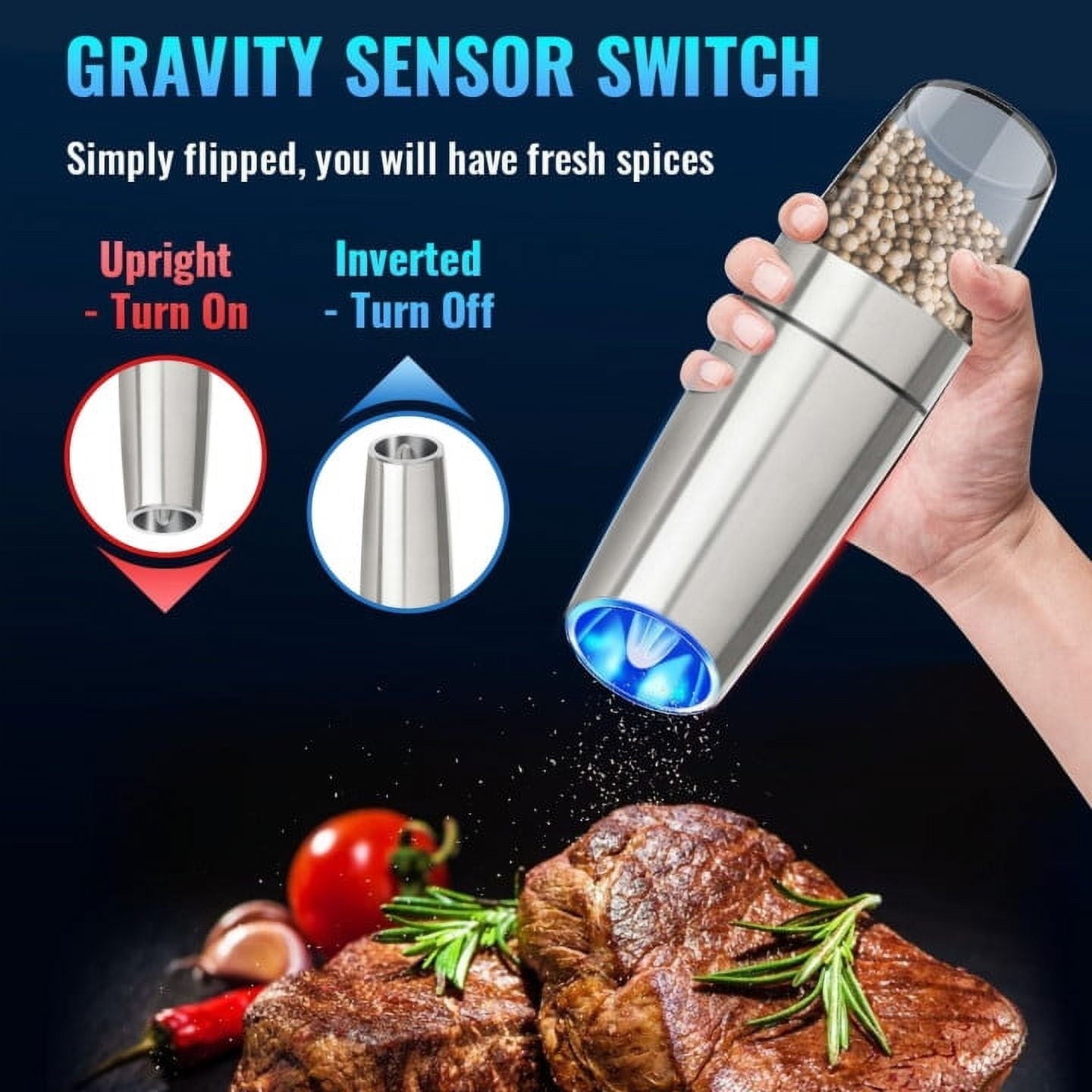 Behome 2 Pack Electric Salt and Pepper Grinder Set, Automatic Gravity Salt and Pepper Mill with Adjustable Coarseness, Battery Powered with LED Light, One Hand Operation