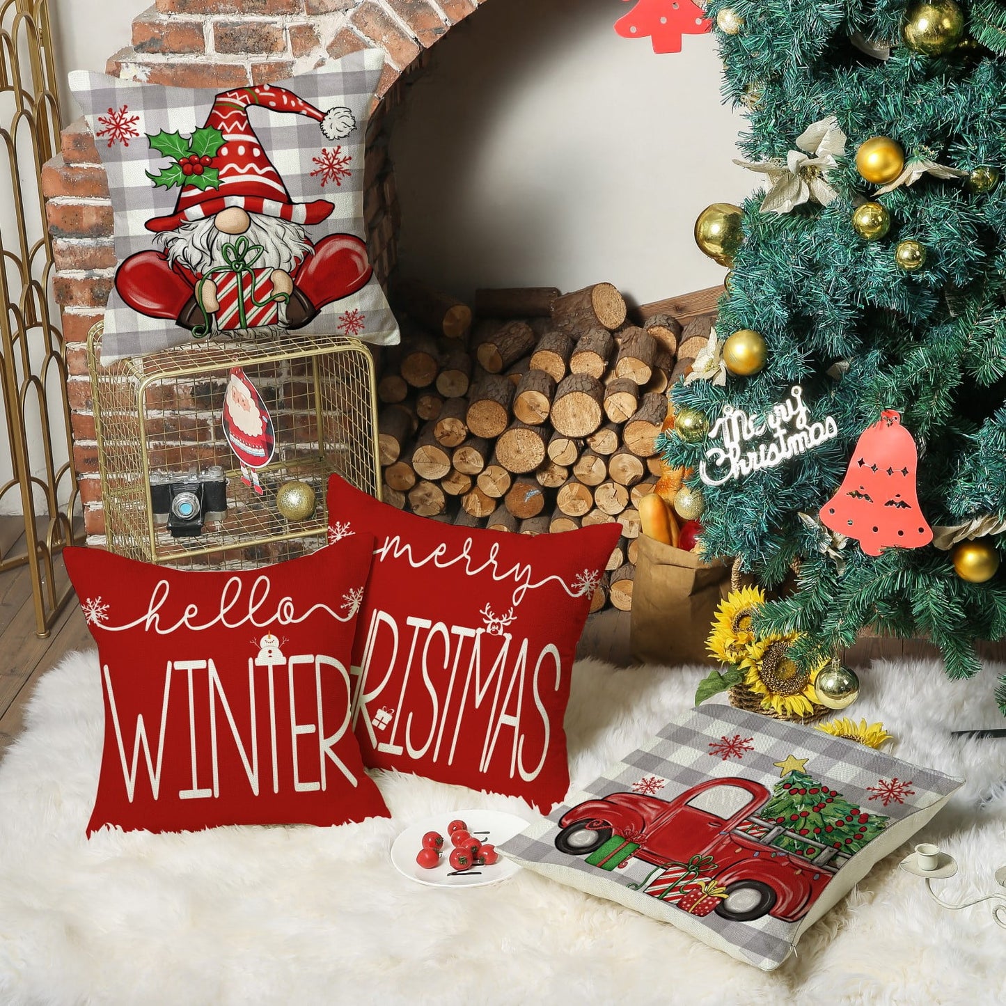 Behome Christmas Pillow Covers, 18 x 18 inch Set of 4 Christmas Decorative Throw Pillows Covers, Christmas Decorations Holiday Red Pillow Cases for Couch Sofa