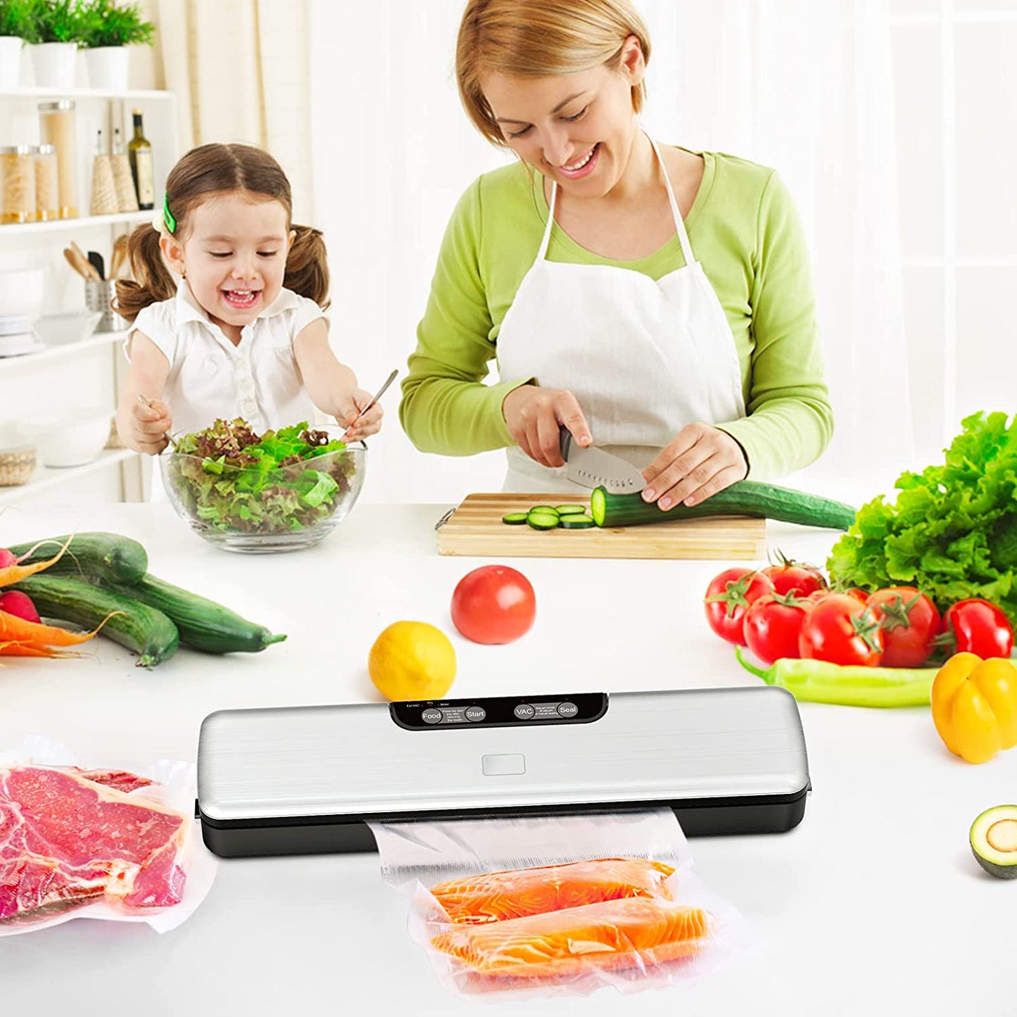 Food Vacuum Sealer Machine, Food Storage Saver Dry & Moist Food Modes, 5-in-1 Easy Options for Food Storage, with 5 Vacuum Seal Bags, Silver