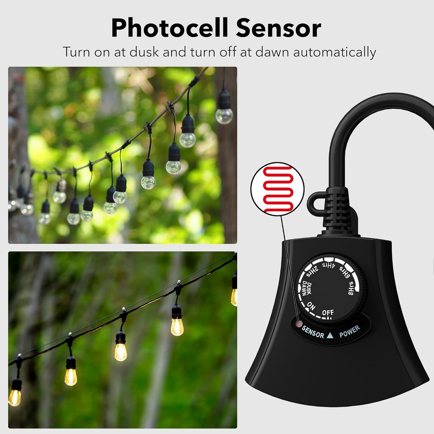 HBN Outdoor Light Timer Waterproof, Weatherproof Photocell Dusk to Dawn Light Sensor Timer with Remote Control, 2/4/6/8 Countdown Timer, 3 Grounded Outlet for Christmas Lights,1875W 15A 1/2HP