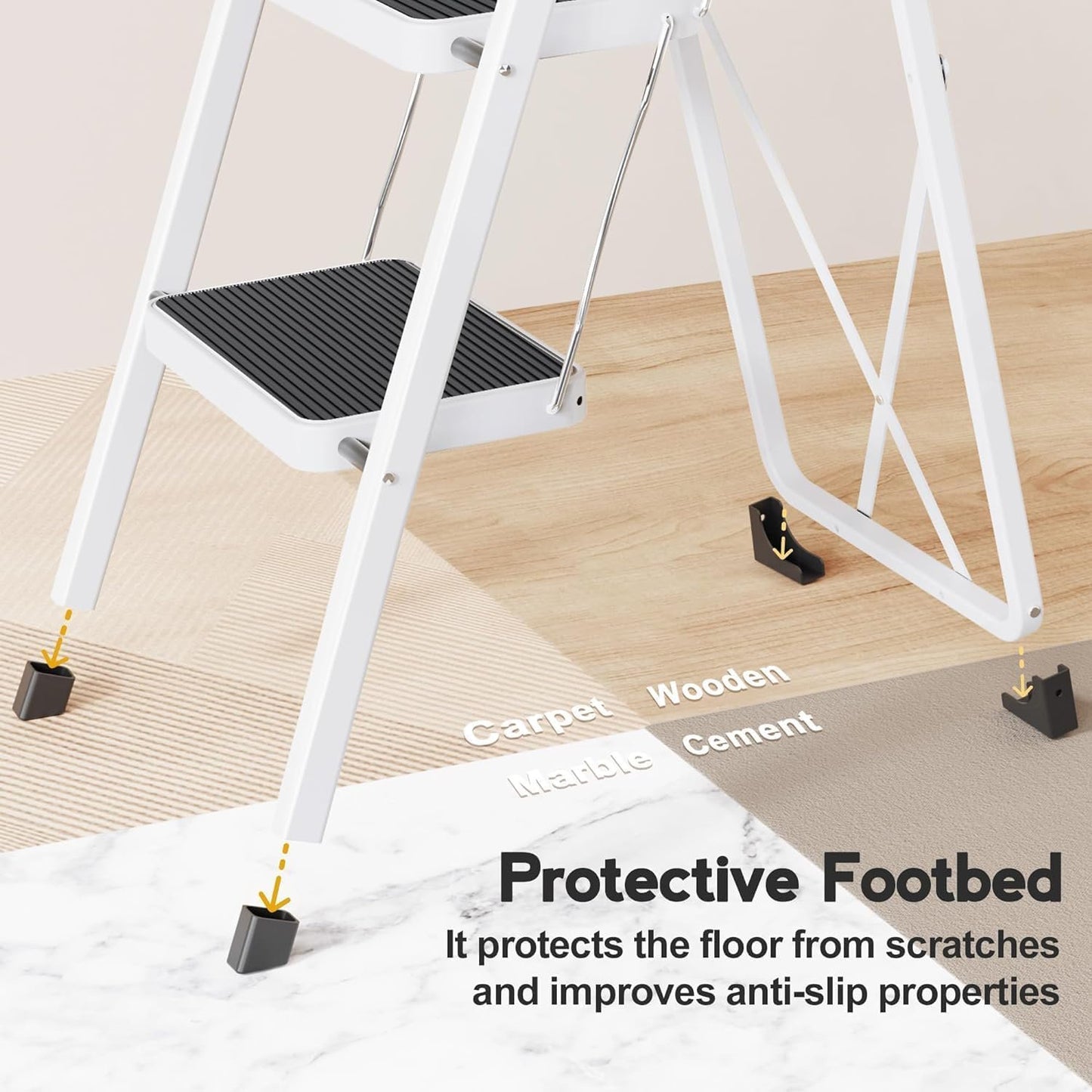 Behome 4 Step Ladder, Folding Step Stool with Wide Anti-Slip Pedal, Portable Sturdy Iron Ladder with Handrails for Home, Office, Library, 330 lbs Capacity, White & Black