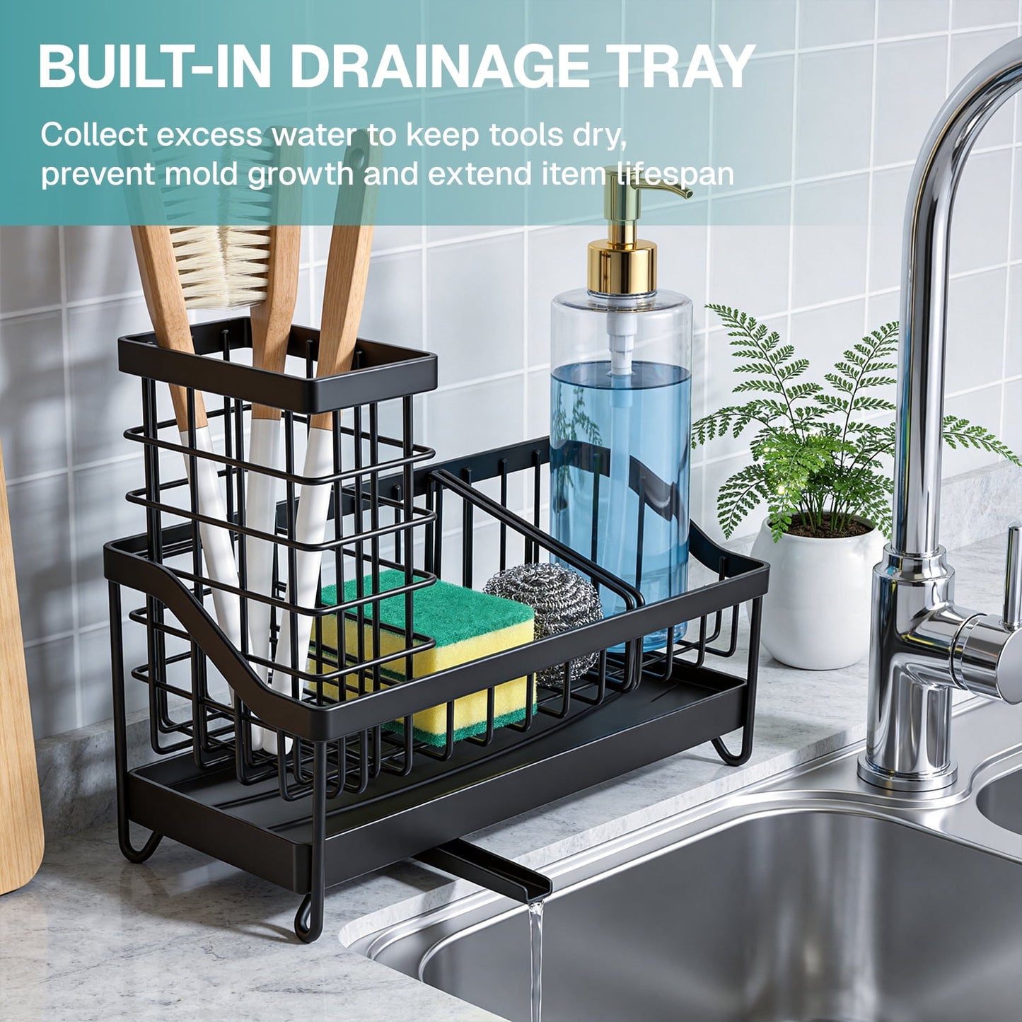 Behome Sponge Holder for Kitchen Sink, Sink Caddy Organizer with Brush Holder and Removable Drain Tray, Rustproof Kitchen Countertop Organizer for Sponge, Soap Dispenser Storage Accessories, Black