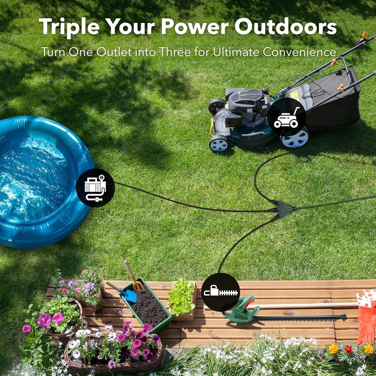 BN-LINK 2 Pack 25 ft 3 Outlet Lawn & Garden Outdoor Extension Cord 16/3 SJTW, Green, 3 Prong Grounded Plug