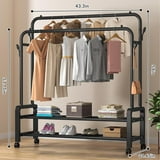 BN-LINK Double Rods Clothes Rack with Wheels, Rolling Clothing Garment Rack with 2 Bottom Shelves & 4 Side Hooks, Heavy Duty Clothes Organizer for Bedroom, Laundry, Living Room, Black