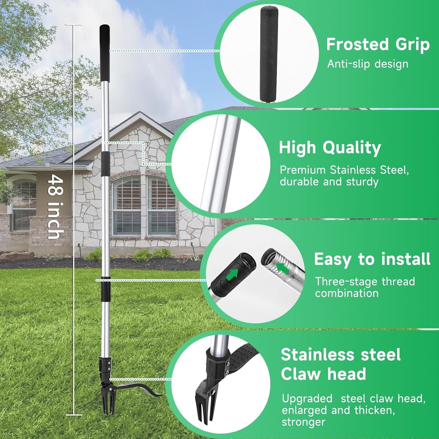 BN-LINK Weed Puller Tool, 48" Stand Up Weeder Garden Tools & 4 Claw Steel Head, Rustproof Stainless Steel, Easily Remove Weeds Without Bending, Pulling, or Kneeling