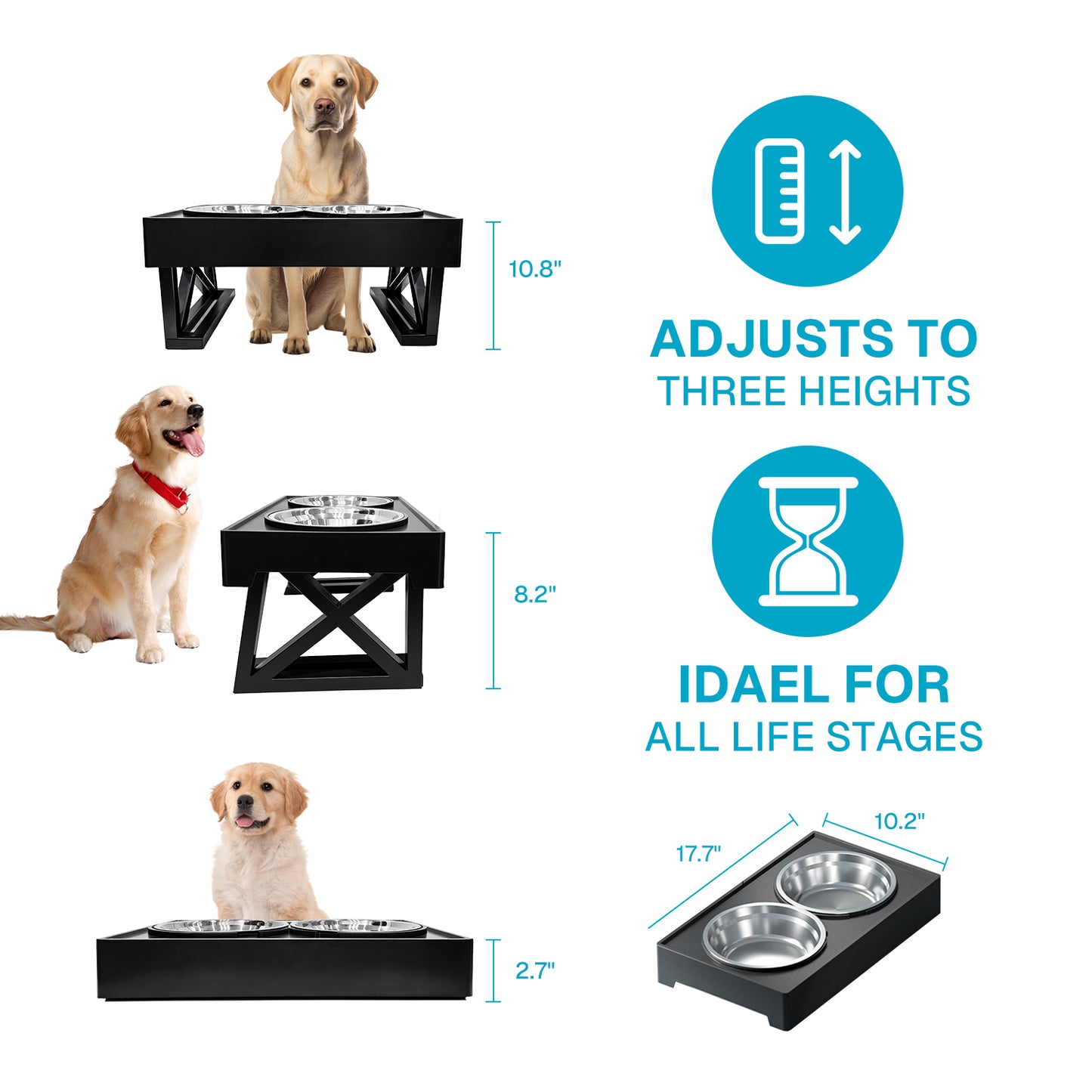 Behmoe Elevated Dog Bowls for Medium Large Dogs,3 Heights Adjustable Breed Raised Dogs Bowl Stand with 2 Stainless Steel Water And Food Bowls,Non-Slip Feeder Dish Station,Black