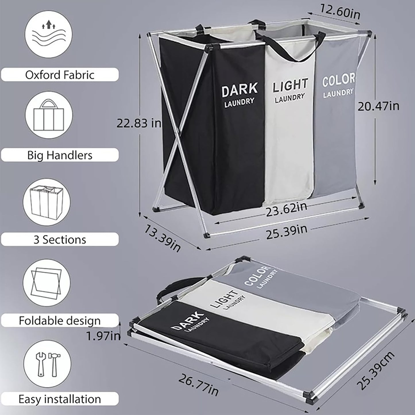 BN-LINK Laundry Basket, 3 Section Portable Laundry Bag for Dirty Clothes, Collapsible Tall Clothes Hamper with Handles for Laundey Room, Living Room
