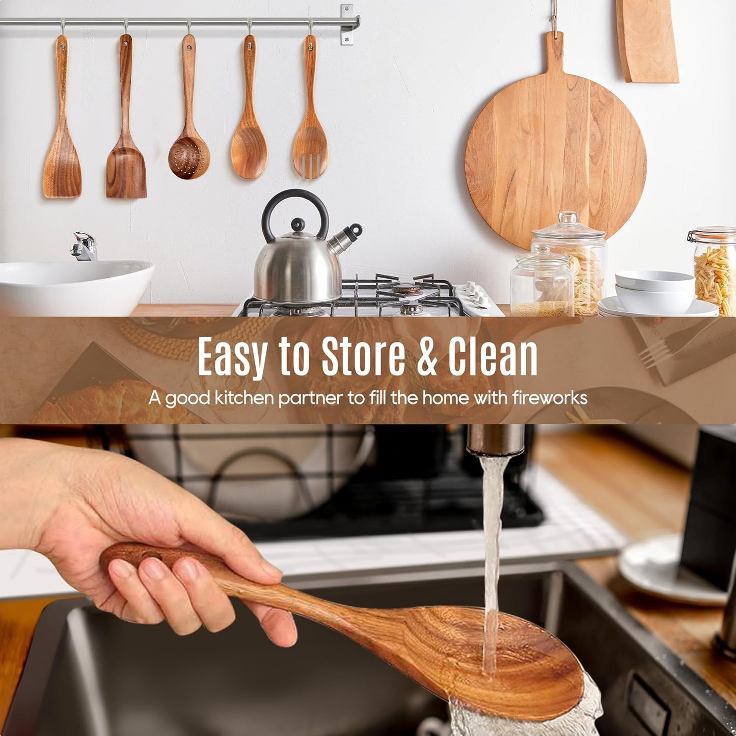 Behome 6pcs Wooden Kitchen Utensil Set, Non-Stick Cooking Utensils Set with Ergonomic Handles, Wooden Spoons for Cooking, Housewarming Gifts for Everyday Use