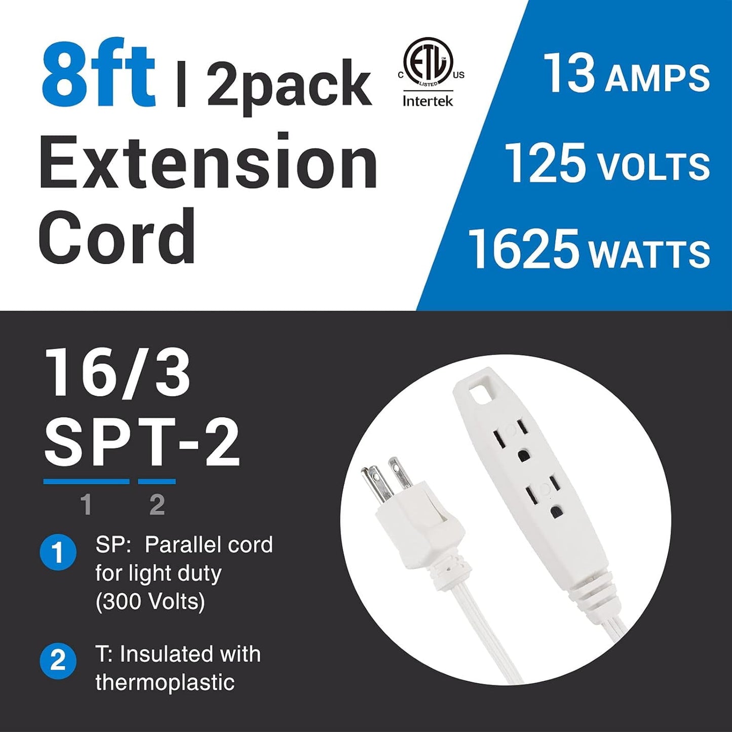 Clear Power 8 ft 3 Outlet Indoor Utility Cord (2-Pack) 16/3 SPT-2, White, 3 Prong Grounded, DCIC-00582P-DC