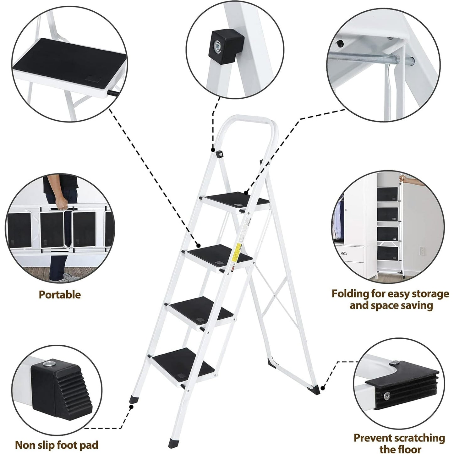 Behome 4 Step Ladder, Folding Step Stool with Wide Anti-Slip Pedal, Portable Sturdy Iron Ladder with Handrails for Home, Office, Library, 330 lbs Capacity, White & Black