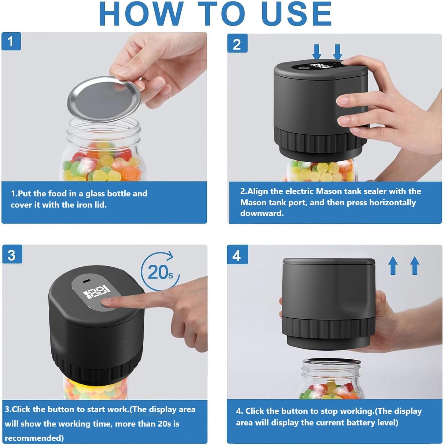 BN-LINK Electric Mason Jar Vacuum Sealer with 10 Pack Lids, Automatic Wide Mouth and Regular Mouth Mason Jar Sealer Kit, Jar Vacuum Sealer for Food Storage and Fermentation, Black