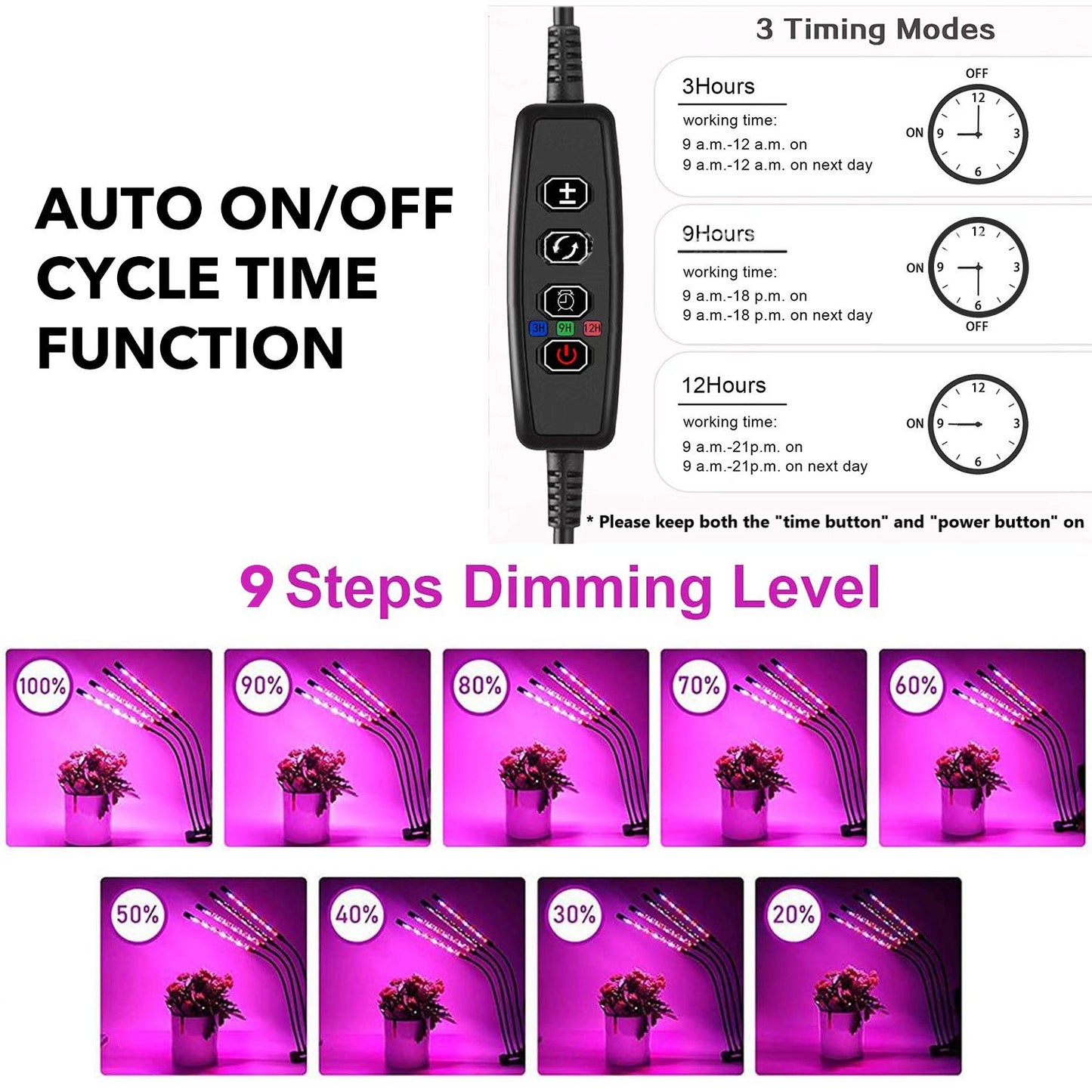 BN-LINK LED Grow Lights for Indoor Plants, Grow Light Full Spectrum Auto ON/Off with 3/9/12H Timer, 4 Heads Clip On Plant Grow Light with 9 Dimmable Brightness