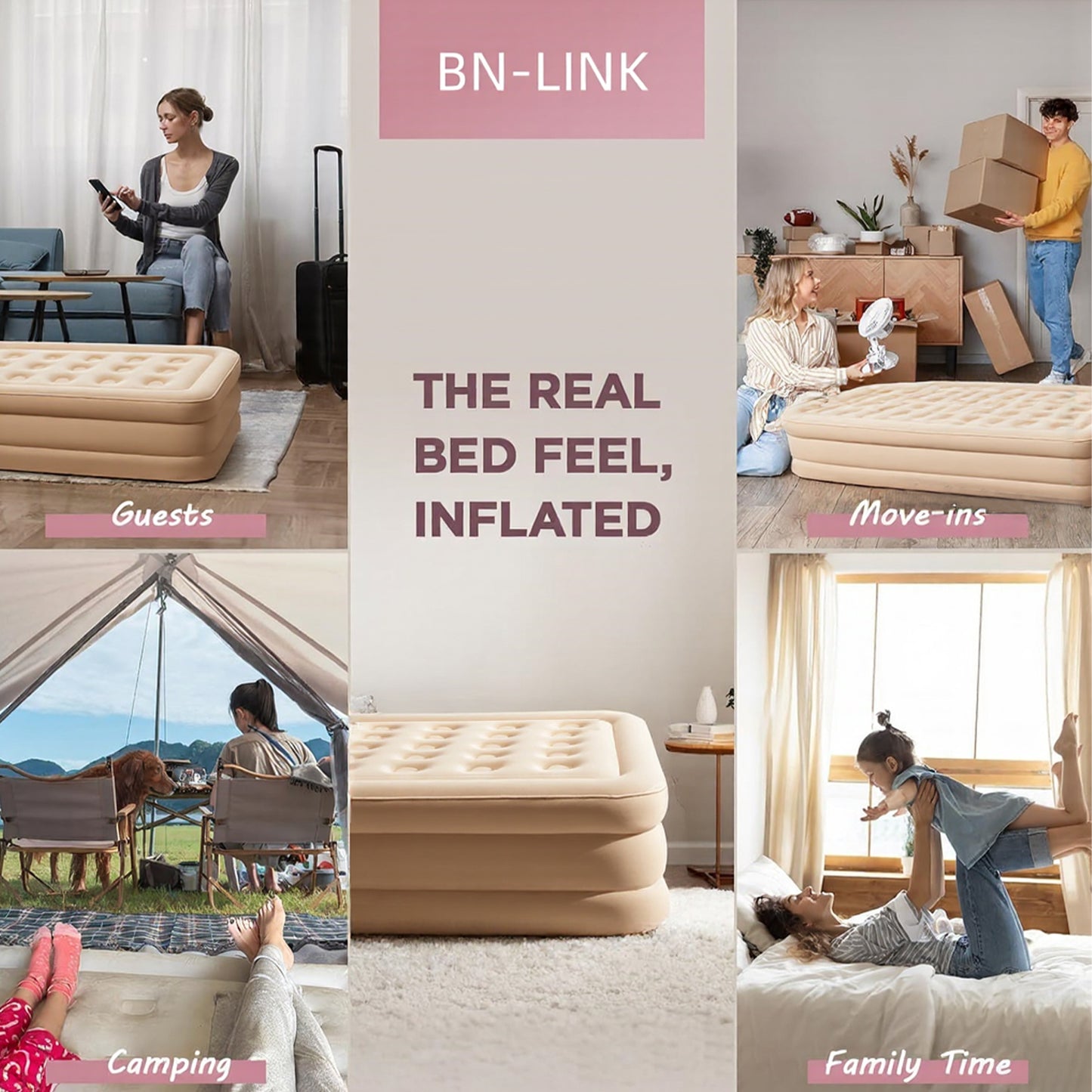 BN-LINK Queen Air Mattress, Air Mattress with Built in Pump, Inflatable Air Mattress for Guests, Camping & Home, 770lb Weight Capacity, 81 x 60 x 16 inches, Khaki