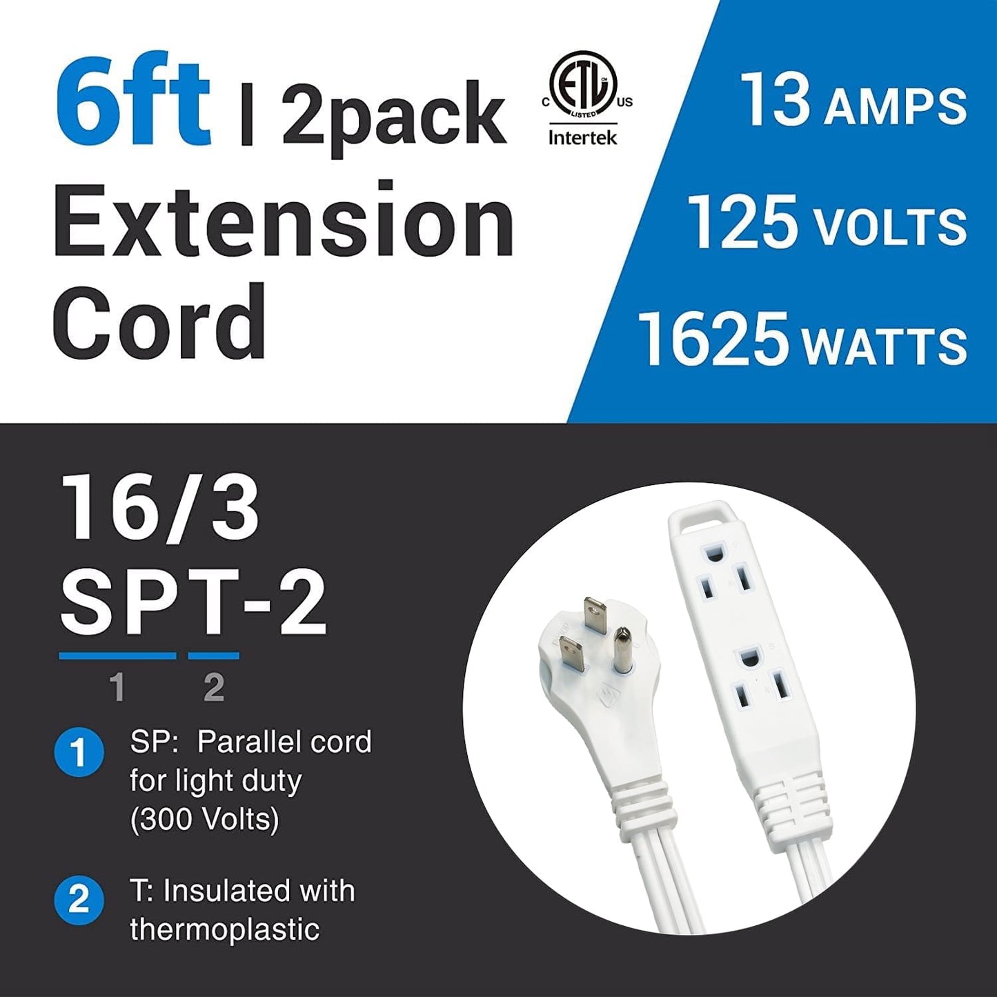 BN-LINK 6ft 3 Outlet Indoor Flat Plug Extension Cord 16/3 SPT-2, White, 3 Prong Grounded, 2-Pack