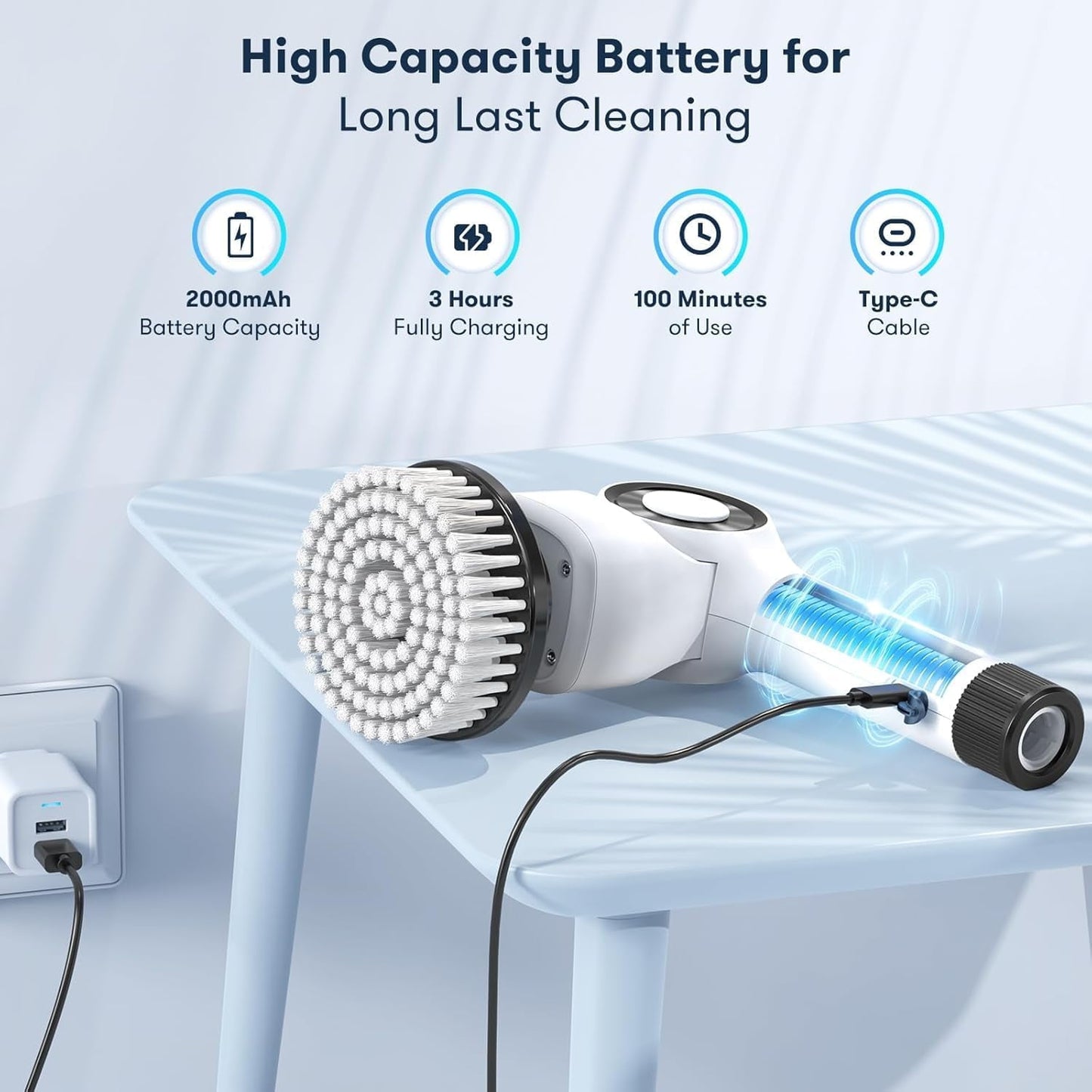 BN-LINK Electric Spin Scrubber, Cordless Cleaning Brush Scrubber with 7 Replaceable Brush Heads, Adjustable Length and Angle, 3 Speeds, Waterproof Bathroom Scrubber for Bathtub Kitchen Wall Cleaning