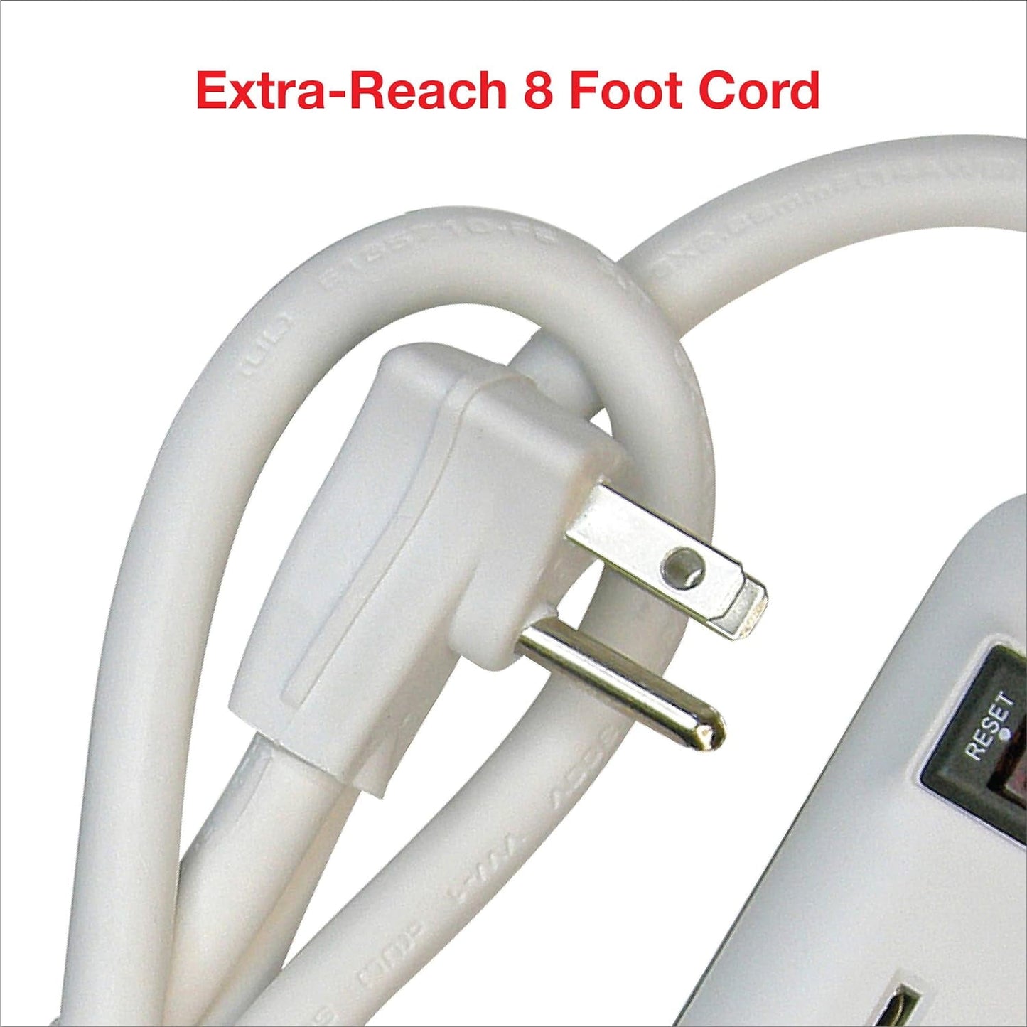 Clear Power 6 Outlet Power Strip, 8 ft Long Power Cord, Low-Profile Flat Plug, 3-Prong Grounded, White, 15 Amp Circuit Breaker