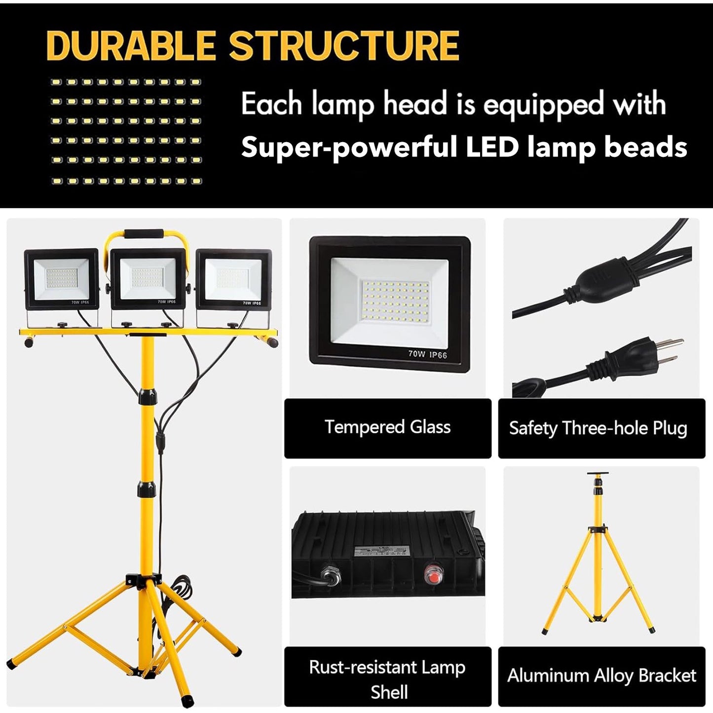Behome 21000 Lumen LED Work Lights with Stand, 3 Adjustable Head LED Work Light with Foldable Tripod Stand, Waterproof Lamp with Individual Switch for Outdoor Indoor, 6500K